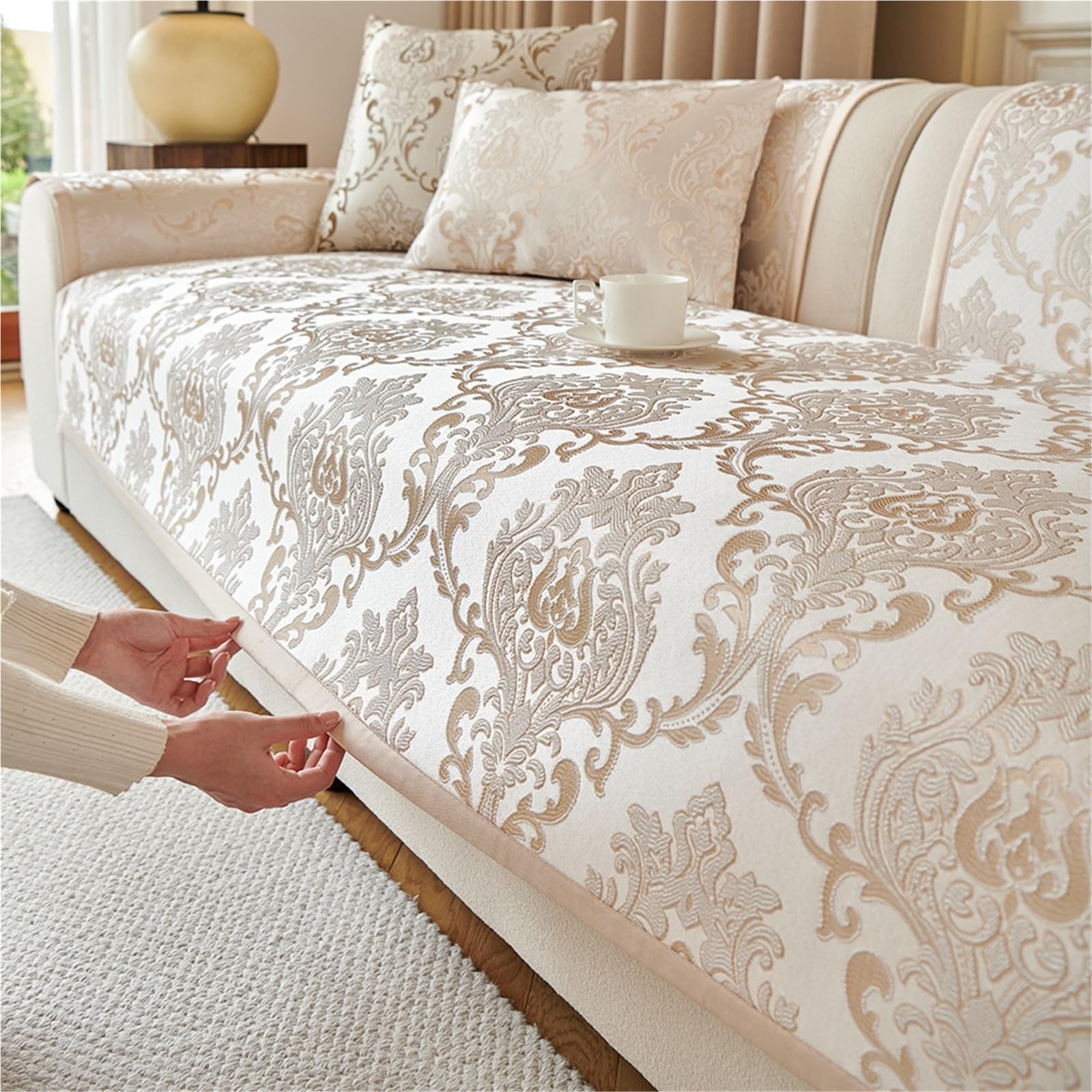 Housse de canapé jacquard beige 90x160 cm lavable pour salon 3 places