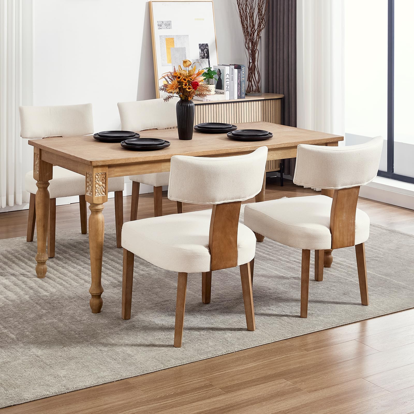 KHISCHMO Mid Century Modern Dining Chairs, Upholstered Linen Fabric Chairs with Curved Backrest and Wood Legs, Comfy Kitchen Vanity Chair for Dining