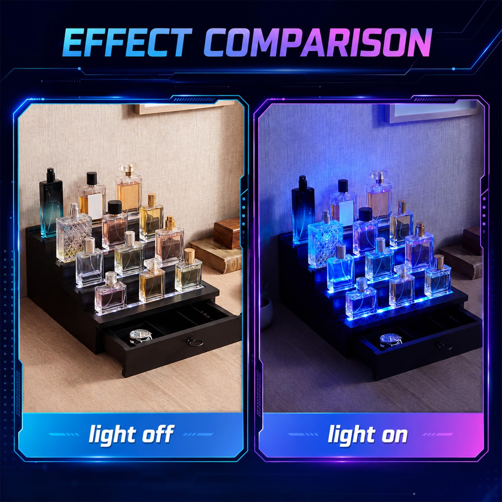 Organizador de perfumes de madera de 4 niveles con iluminación LED para hombres, organizador de perfume con cajón y múltiples modos de iluminación, soporte de exhibición de perfume con