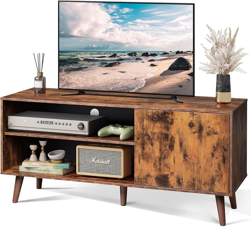 WLIVE TV Stand for 55 Inch TVs, Entertainment Center with Storage Cabinet, Mid-Century TV Stands for Living Room and Bedroom, 50" TV Console, Brown | with Storage Cabinet