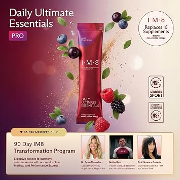IM8 Daily Ultimate Essentials All-in-One Multivitamin Supplement, 92 Nutrient Rich Ingredients CoQ10, Probiotics, Vitamins, Greens, Gluten Free, Vegan (30 Packets, Acai and Mixed Berries)