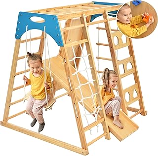 Merax 10-in-1 Indoor Playground, Toddler Wooden Climbing Playset, Indoor Jungle Gym with Slide, Rock Climbing Wall, Rope Wall Climber, Monkey Bars, Swing for Toddlers, Children Kids 2-7yrs