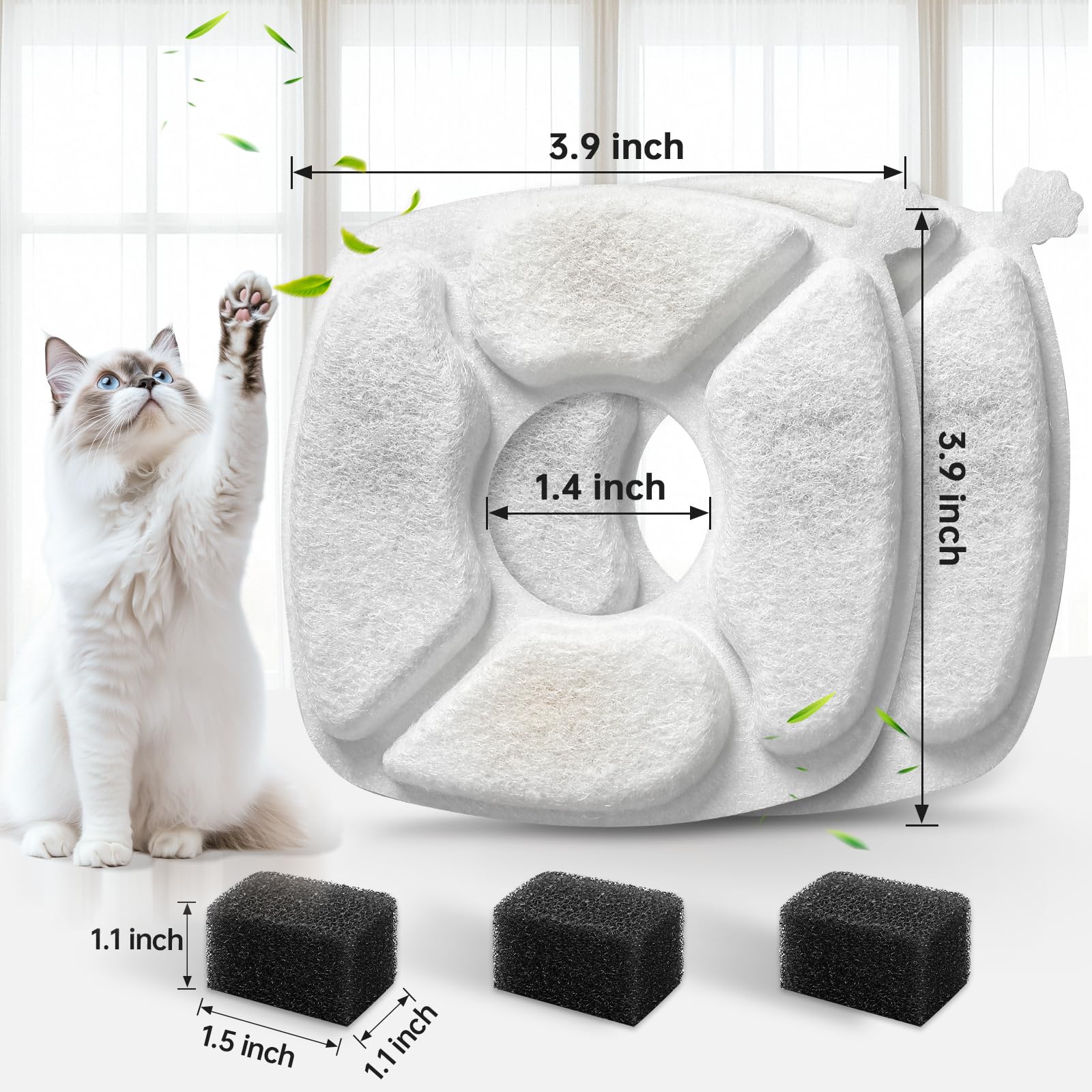 16 filtros de repuesto para fuente de agua para gatos, paquete de 8 filtros de fuente para gatos con 8 esponjas, compatibilidad mejorada para fuente de agua para mascotas de 94 onzas/2.8 L, 134 onzas
