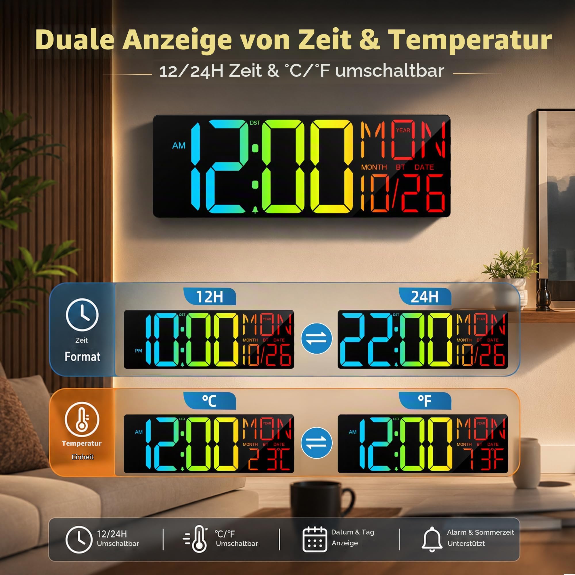 Maxstar 18" Digitale Wanduhr mit Fernbedienung, Temperatur- und Datumsanzeige, Countdown-Timer, 12/24h Format, klare Großziffern, geeignet für Wohnzimmer, Küche, Schlafzimmer und Büro (schwarz)