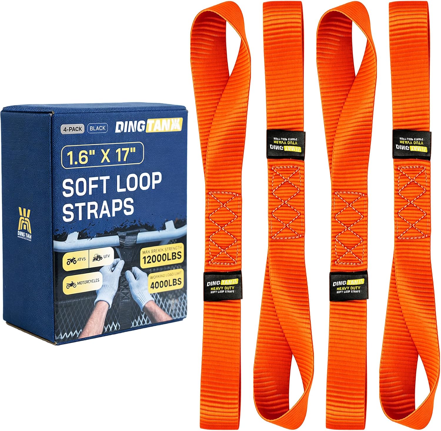 Soft Loop Tie Down Straps - 1.6'' x 17'' (4 Pack), 10000 Lbs Breaking Strength, Heavy Duty with Soft Loop Ends for Securing ATV, UTV, Motorcycles, Scooters, Dirt Bikes, Lawn Garden Equipment