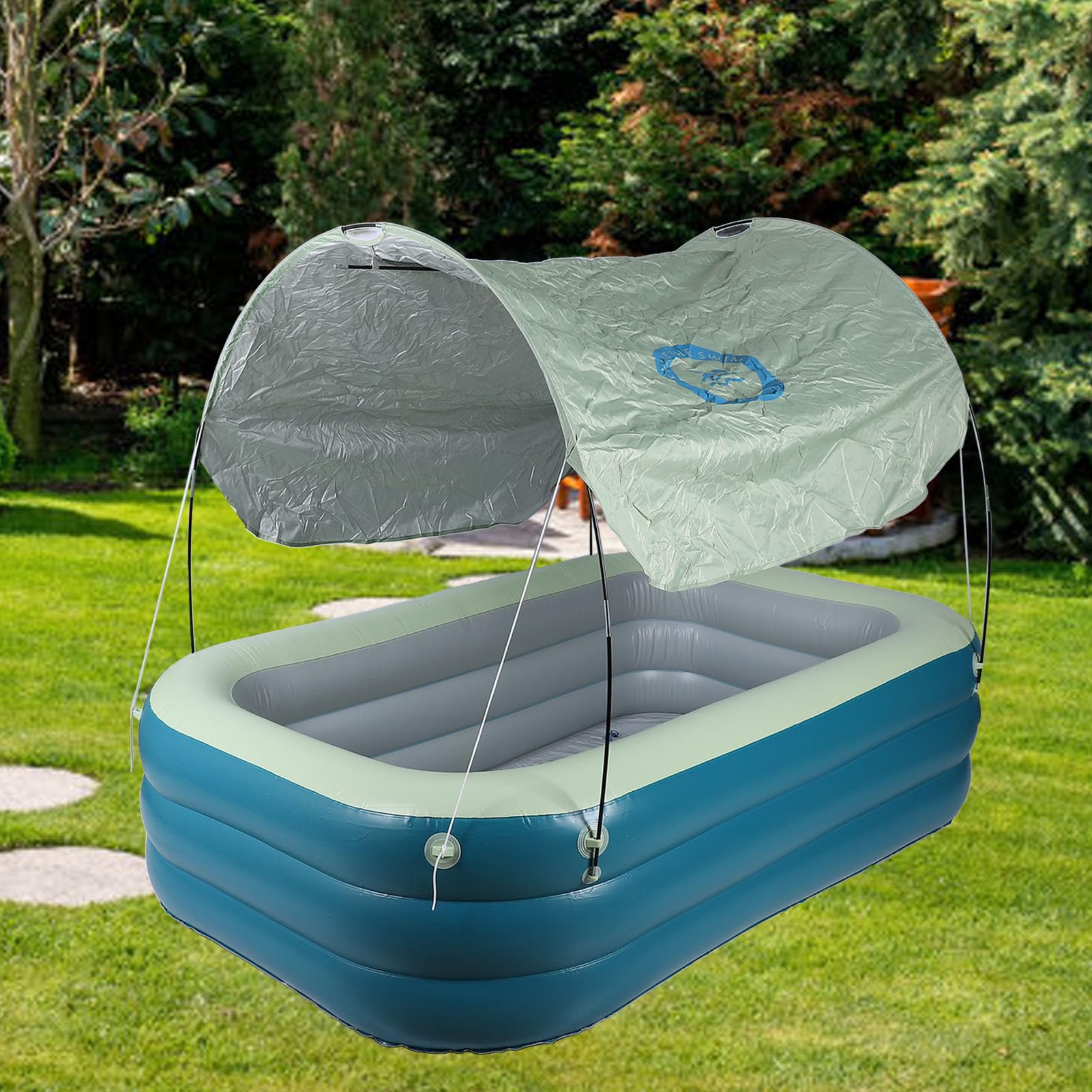 Chrees Piscina Gonfiabile per Bambini Piscina Gonfiabile con Scivolo a Baldacchino Ombra per Parco Giochi per Cortile Esterno in PVC Addensato da 2,1 M (Verde)
