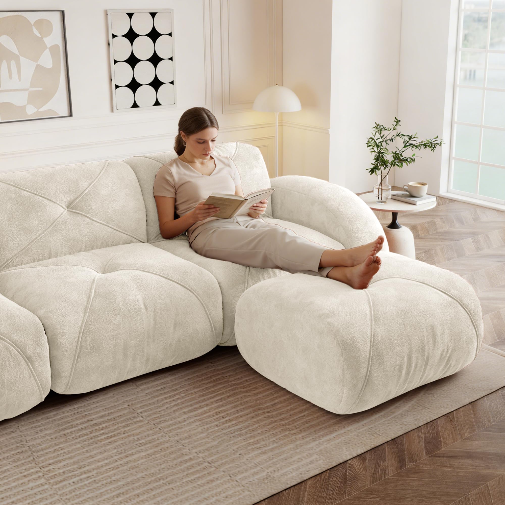 Sofá modular en forma de U de 4 plazas con 2 taburetes, sofá nube sin marco de chenilla, sofá de salón suave, antideslizante, flexible, combinable, sin montaje, salón blanco