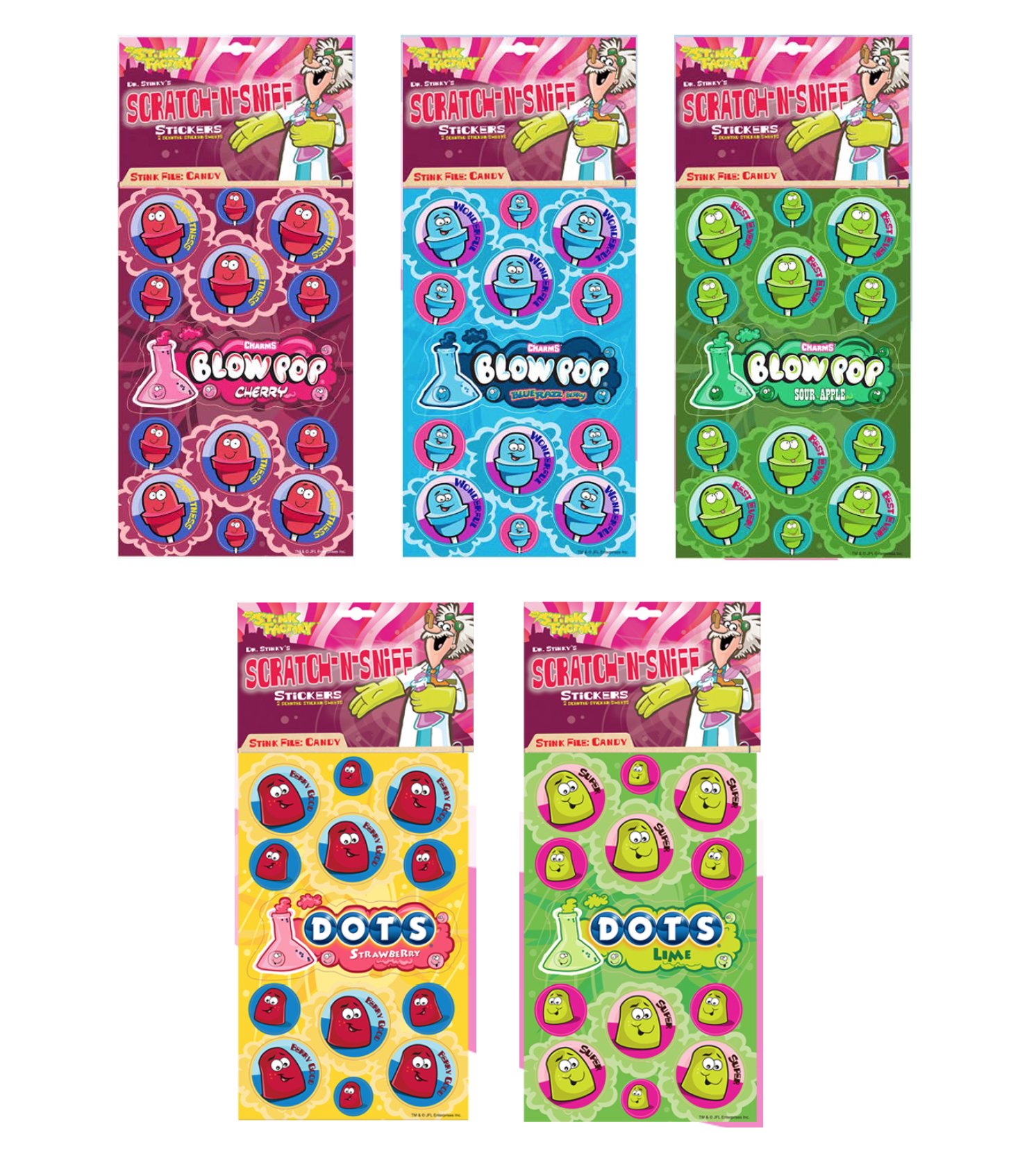 Just For Laughs Dr. Stinky's Scratch N Sniff Stickers 5-Pack, Blow Pop Cherry, Blue Razz Berry, Sour Apple, Dots Strawberry, Lime