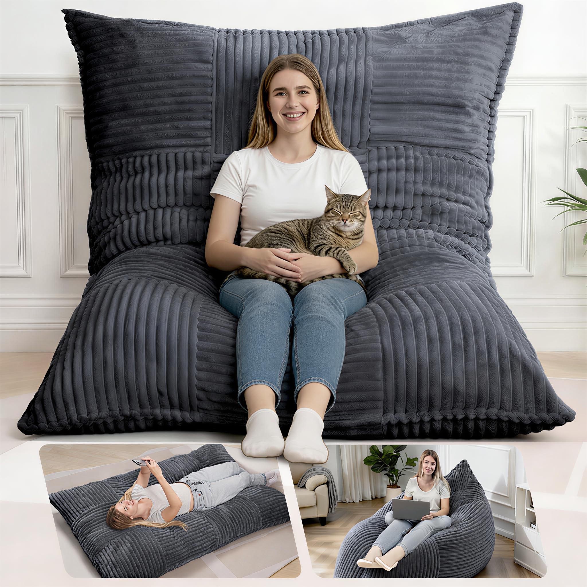 HOMRELEXA Giant Bean Bag Chair, 3-in-1 Convertible Bean Bag Floor Cushion with Washable Cover,Beanbag Chairs for Adult, Bedroom,Living Room, Grey