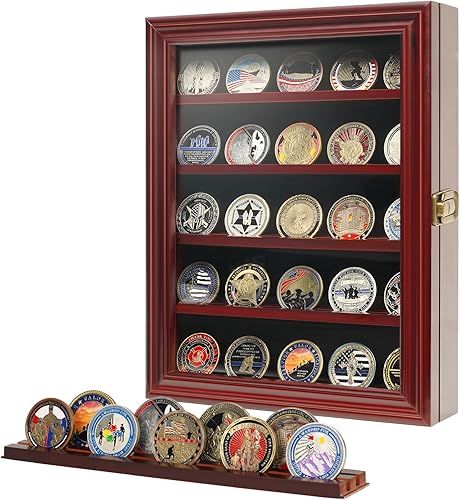 DecoWoodo Vitrina de monedas de desafío militar con puerta de vidrio HD, vitrina de 5 filas de medallas, gabinete con caja de sombra con 2 ranuras