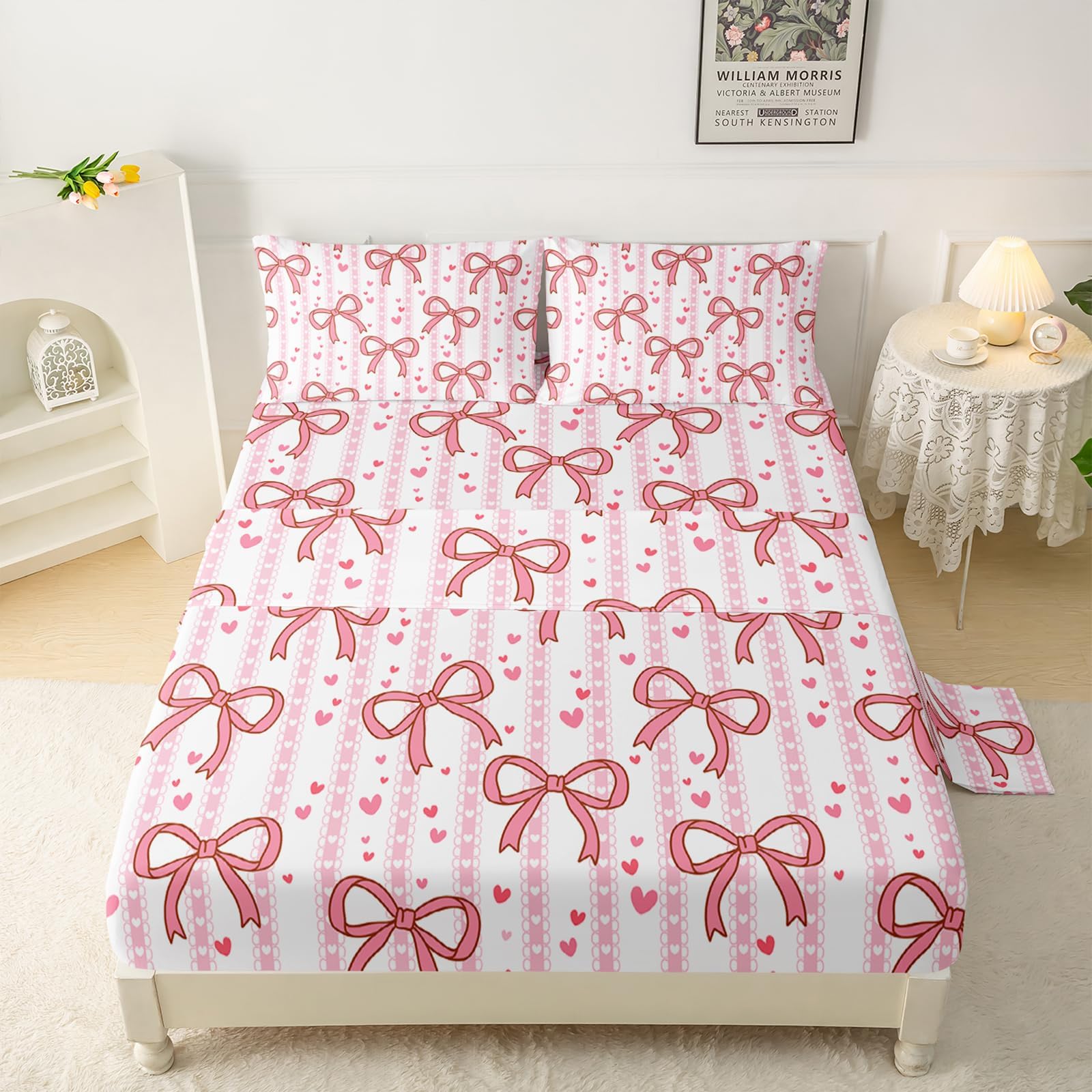 Kawaii Bow Kids Sheets Full Size,Bowknot 16" Deep Pocket Bed Sheet Set,Pink Bow Printed Bedroom Decor Bedding Set Soft and Breathable for Boys/Girls/Kids/Teens