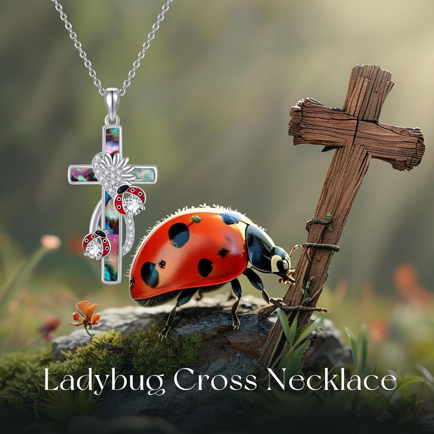 Ladybug Necklace 925 Sterling Silver Cross Abalone Shell Pendant Necklace Ladybug Jewelry Mothers Gifts for Women Mom Grandma - Image 2