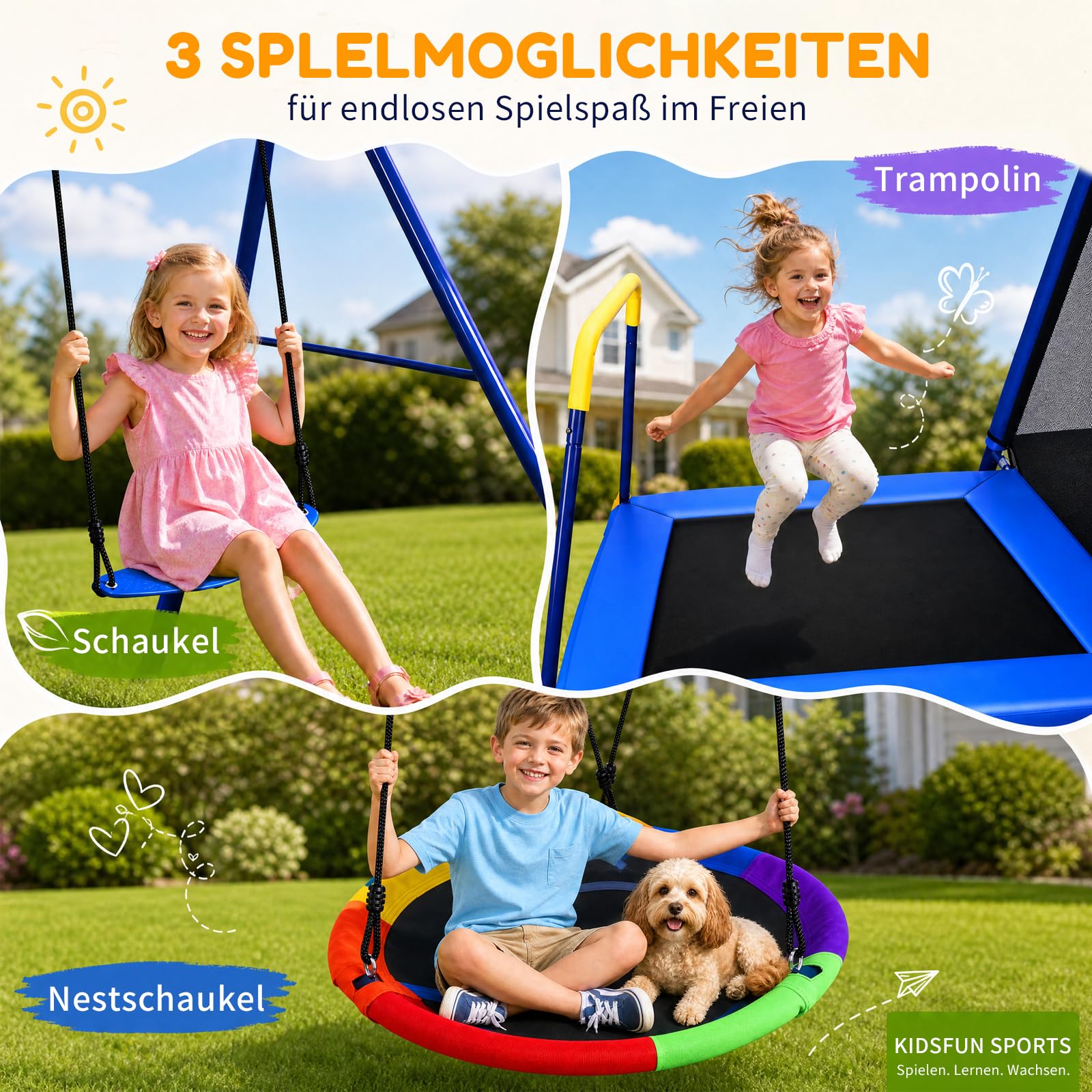 Stelaż huśtawki 3 w 1 dla dzieci z huśtawką gniazdową, trampolina, wytrzymała | Stabilna rama A, linki o regulowanej wysokości, w zestawie kotwa do podłoża, szybki montaż, idealna dla rodziny