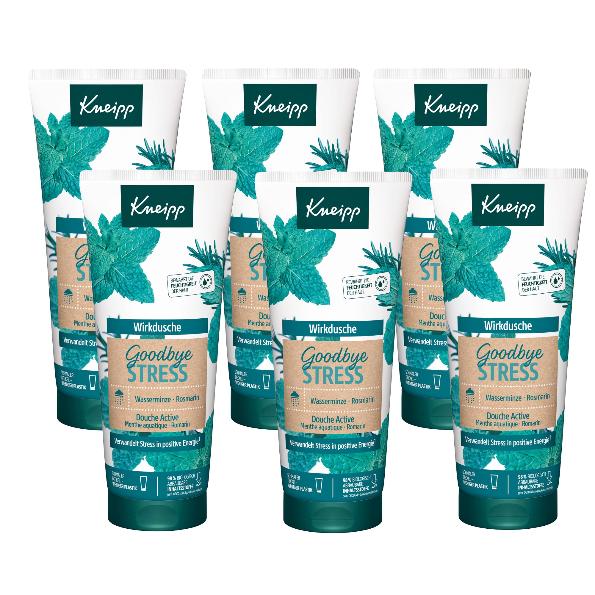 Kneipp Wirkdusche Goodbye Stress - feuchtigkeitsspendendes Duschgel mit ätherischen Ölen aus Rosmarin & Wasserminze für mehr Energie - Multipack 6 x 200ml