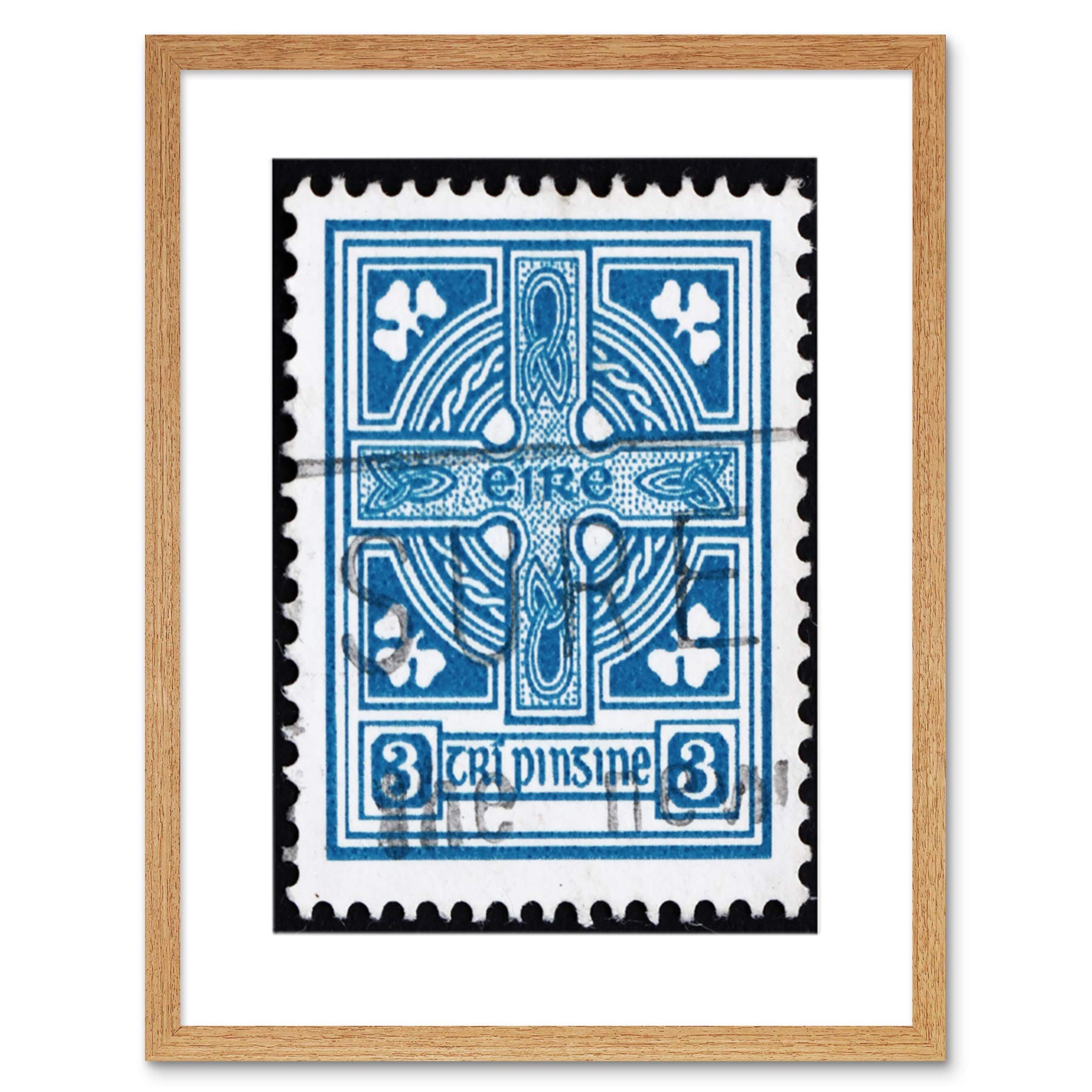 Wee Blue Coo Postage Stamp Ireland Vintage Celtic Cross Photo Framed Wall Art Print