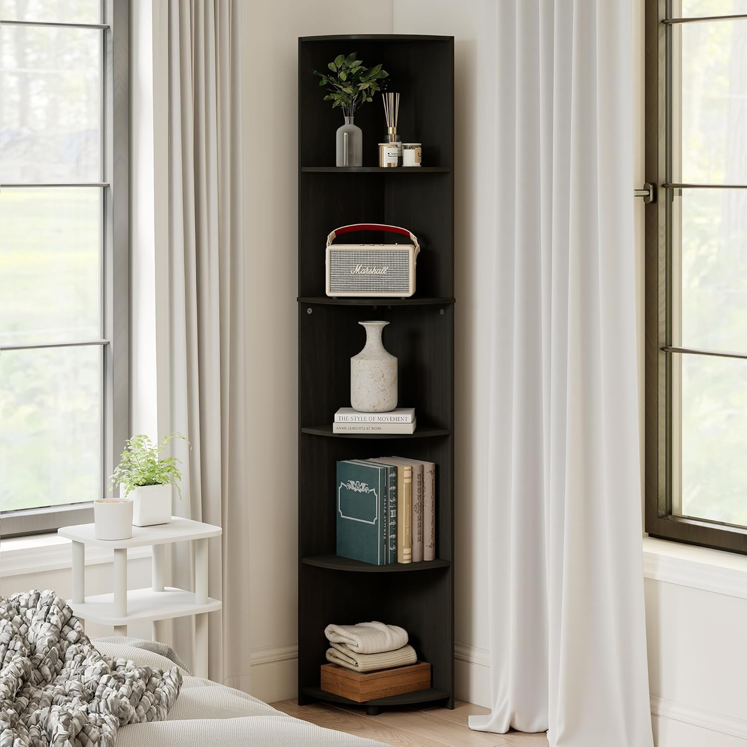 Wooden 5 Tier Black Corner Shelf, 70.9" Black Corner Bookshelf, Tall Corner Book Shelf for Bedroom, Living Room, Office, 12" x 12" x 70.9"