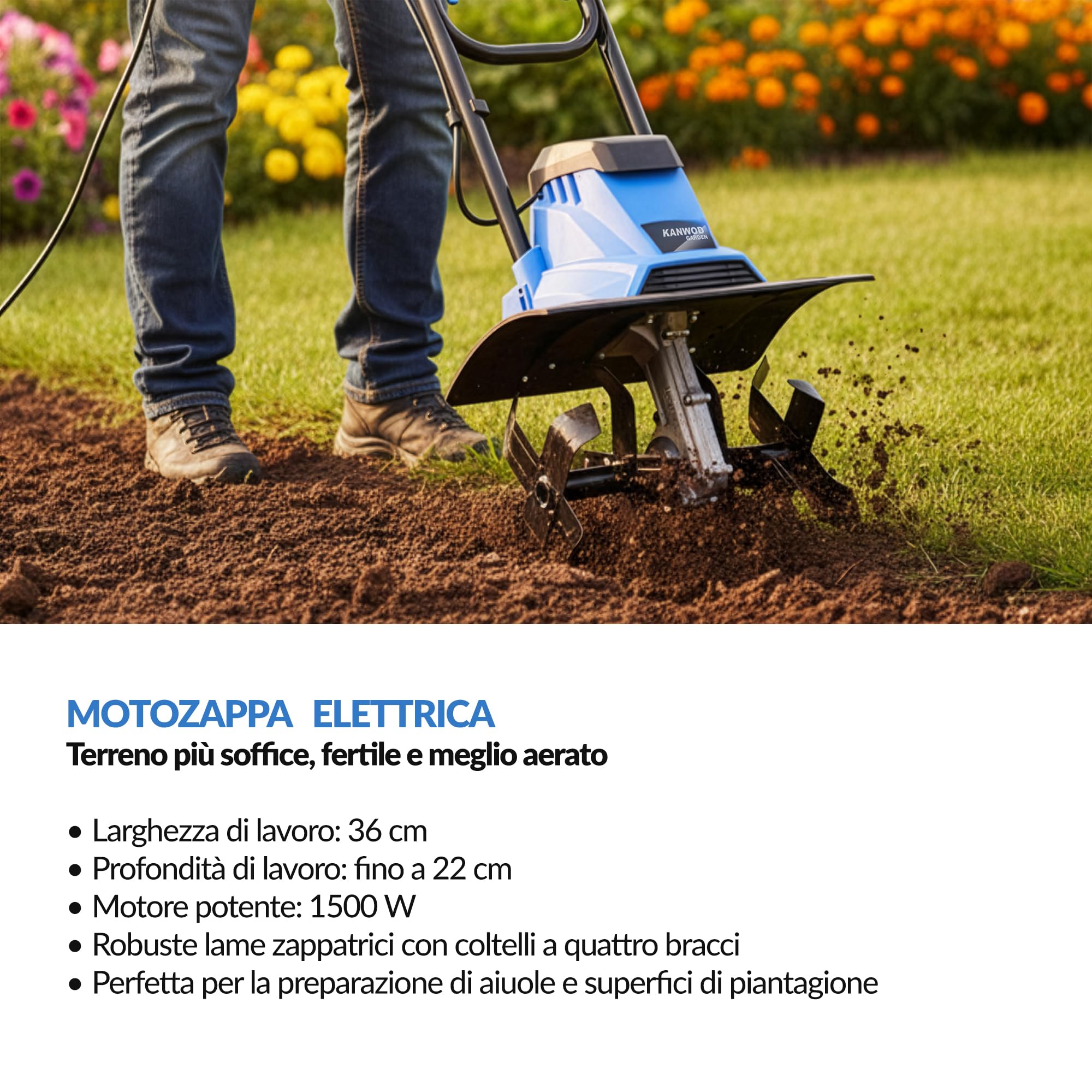 KANWOD Motozappa Elettrica, 1500 W, Larghezza di lavoro 36 cm, Profondità di lavoro 22 cm, 4 Lame, Velocità 380 giri/min, Maniglia Pieghevole, Efficace Zappatrice per Orto e Giardino, Nero/blu