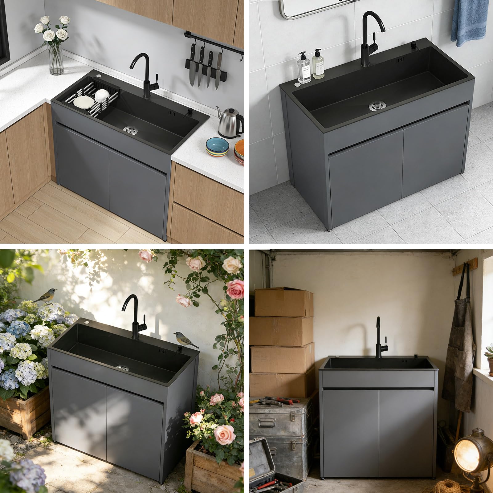 Lavabo Indipendente in Acciaio Inox con Rubinetto Estensibile e Tubi Dell'acqua Calda e Fredda, Lavello da Cucina con Armadio Contenitore e Scolapiatti per Esterni, Interni, 68 CM/80 CM