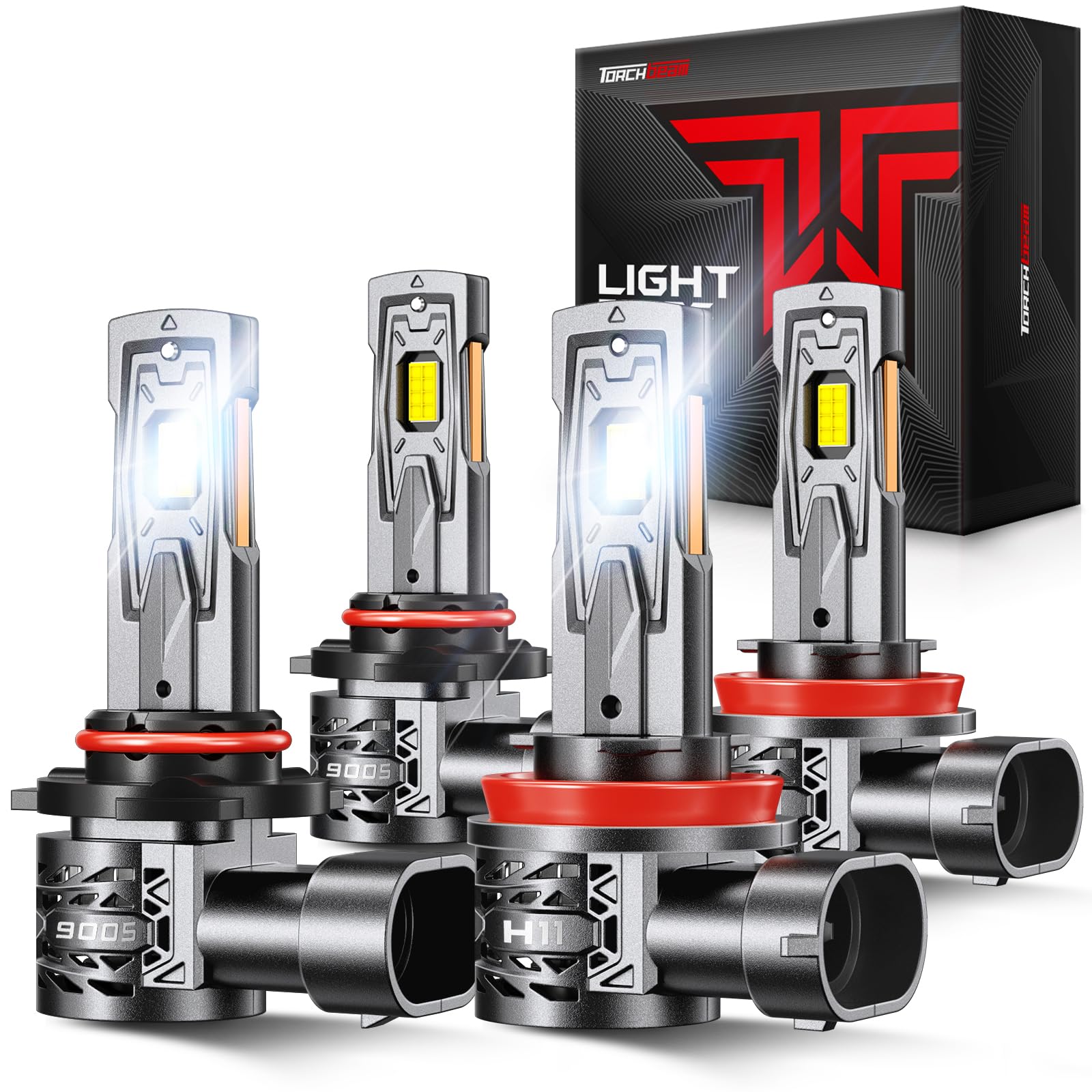 Torchbeam 2026 9005 H11 LED Light Combo, 4 Units 129000LM 6500K Bright White Bulbs, High Efficiency Series