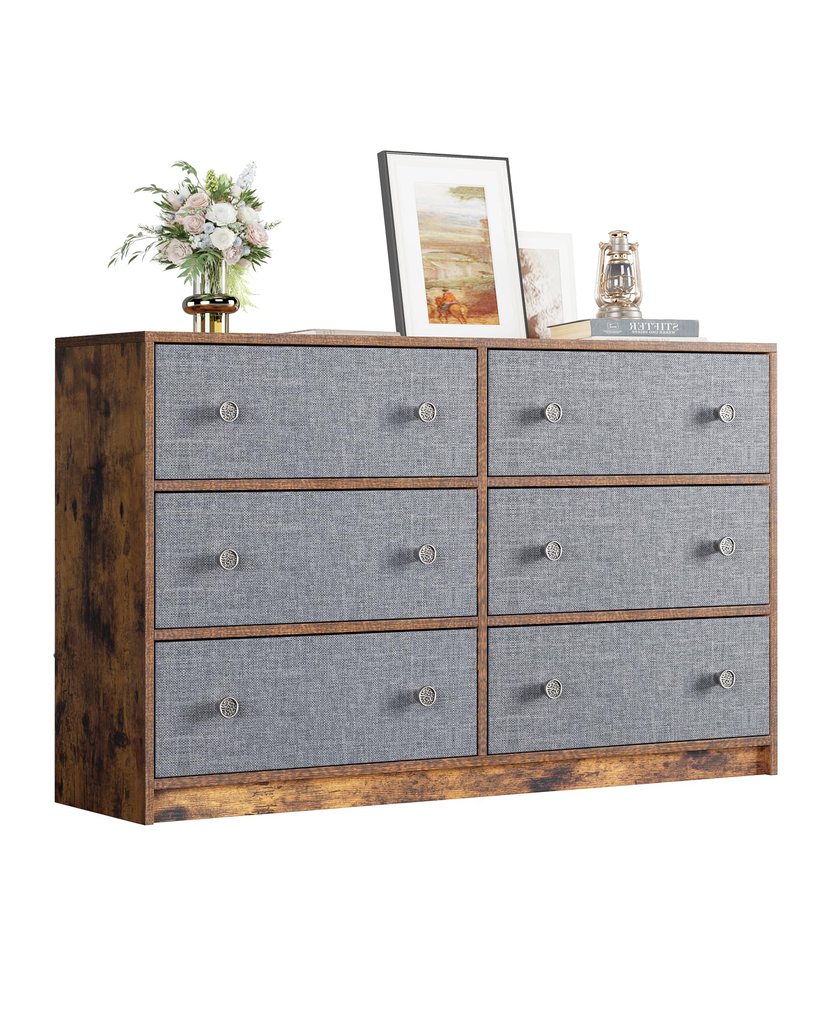 Nicehill 6 Drawers Dresser for Bedroom, Fabric Storage Tower, Dresser & Chest of Drawers Organizer, Storage Cabinet, Hallway, Closets, Steel Frame, Living Room, Wooden Dressers（Gray and Rustic Brown）