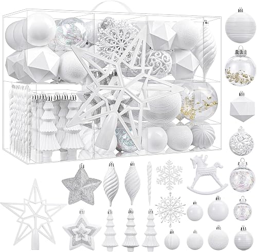 SHareconn 100pcs Christmas Tree Decorations Ornaments Set, terproof Plastic Christmas Baubles Decorative Balls for Xmas Tree Decor Holiday Wedding Party, White