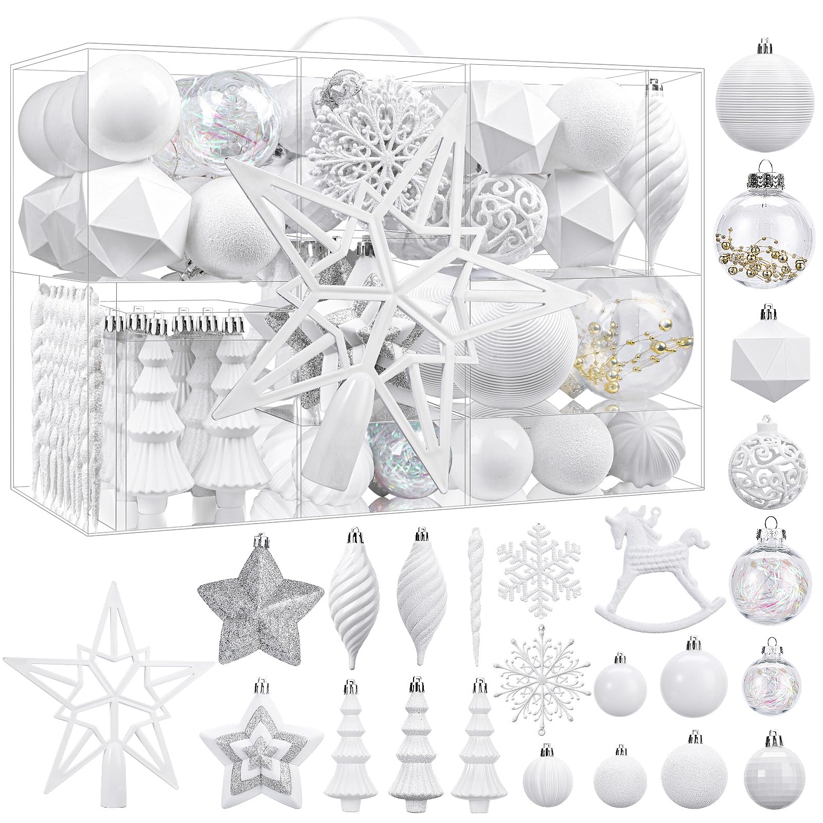 SHareconn 100pcs Christmas Tree Decorations Ornaments Set, Shatterproof Plastic Baubles Decorative Balls for Xmas Tree Decor Holiday Wedding Party, White