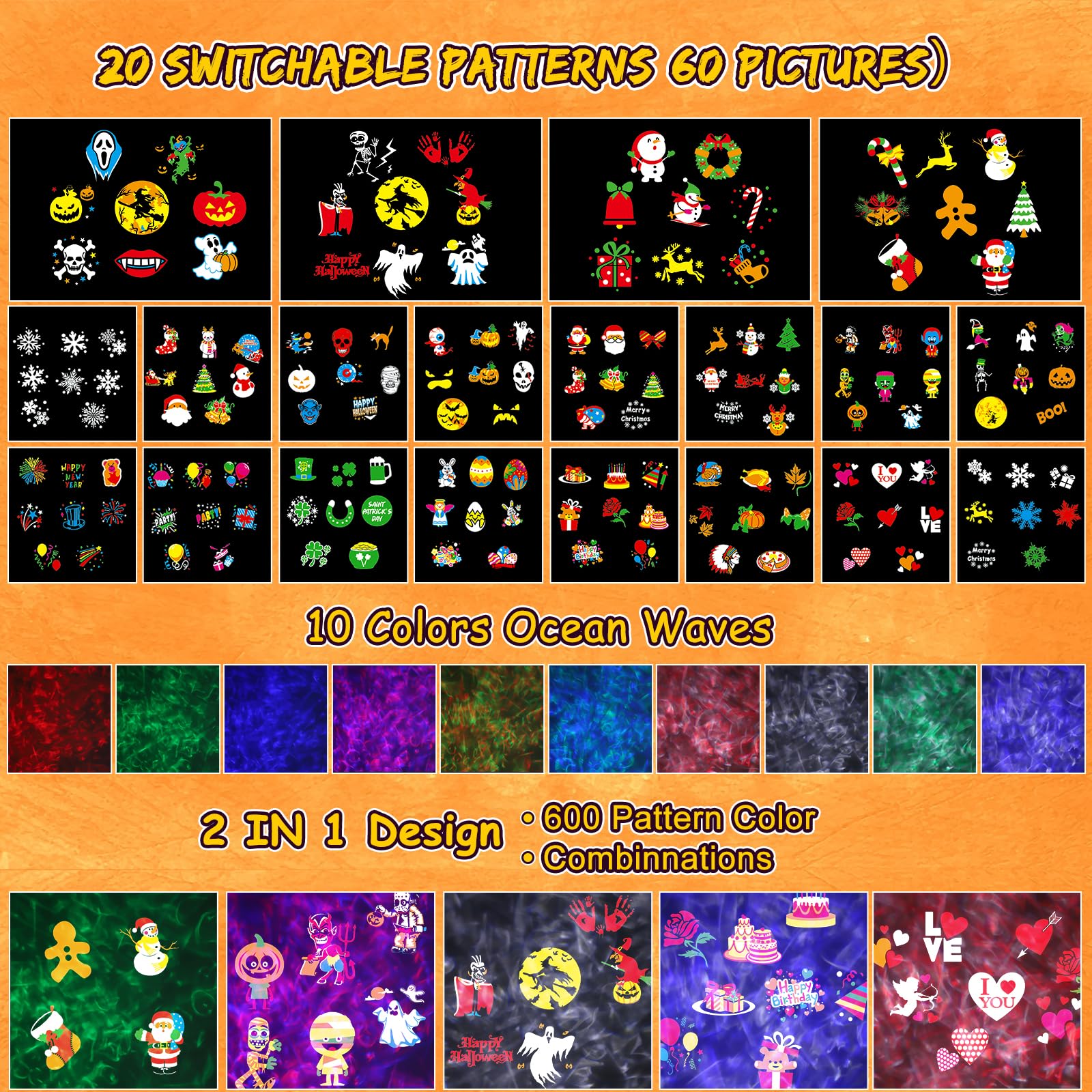Proiettore Halloween & Natale, 4/6/8 Modalità, 15W, 20 Fogli, Impermeabile, 10 Colori, Onda Oceanica LED, Telecomando per Feste di Deco