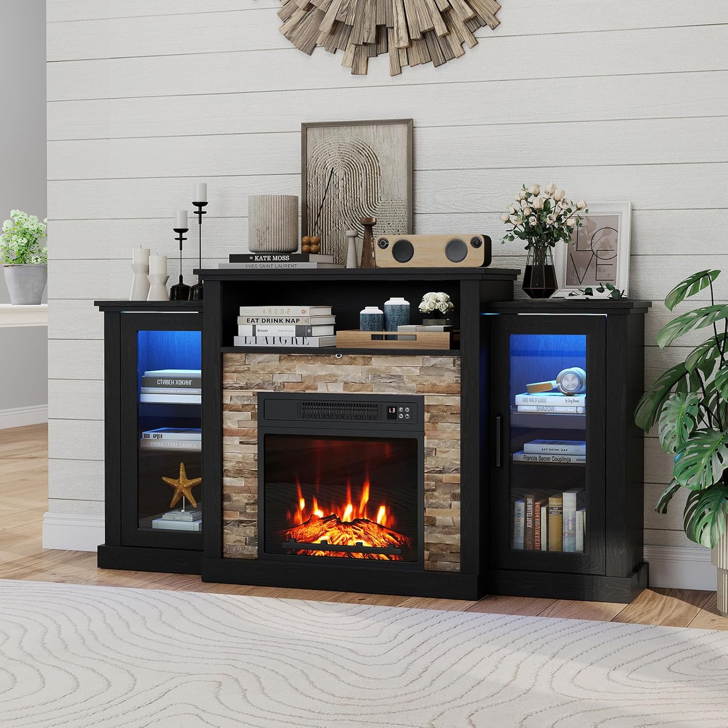 ARLIME 59 Inch Electric Fireplace TV Stand, Fireplace Heater with Mantel, 19 Inch Fireplace Insert with Remote/App Control, 16 Color LED Lights & Overheat Protection for Living Room (Black)