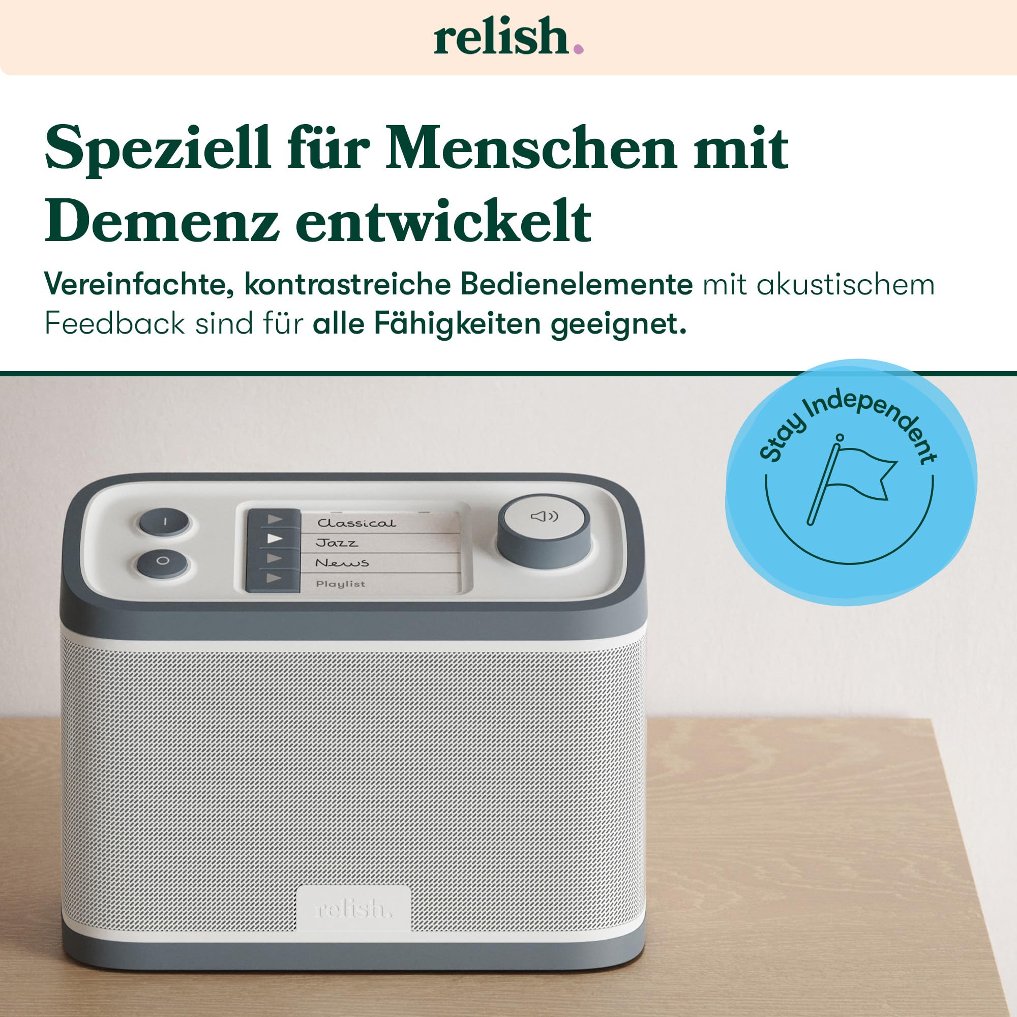 Relish – Tragbares, einfaches DAB/DAB+/FM Radio und MP3-Musikplayer mit USB für Senioren, Demenz und Alzheimer-kranke sowie Sehbehinderte – große Tasten, einfaches Design, leicht zu bedienen