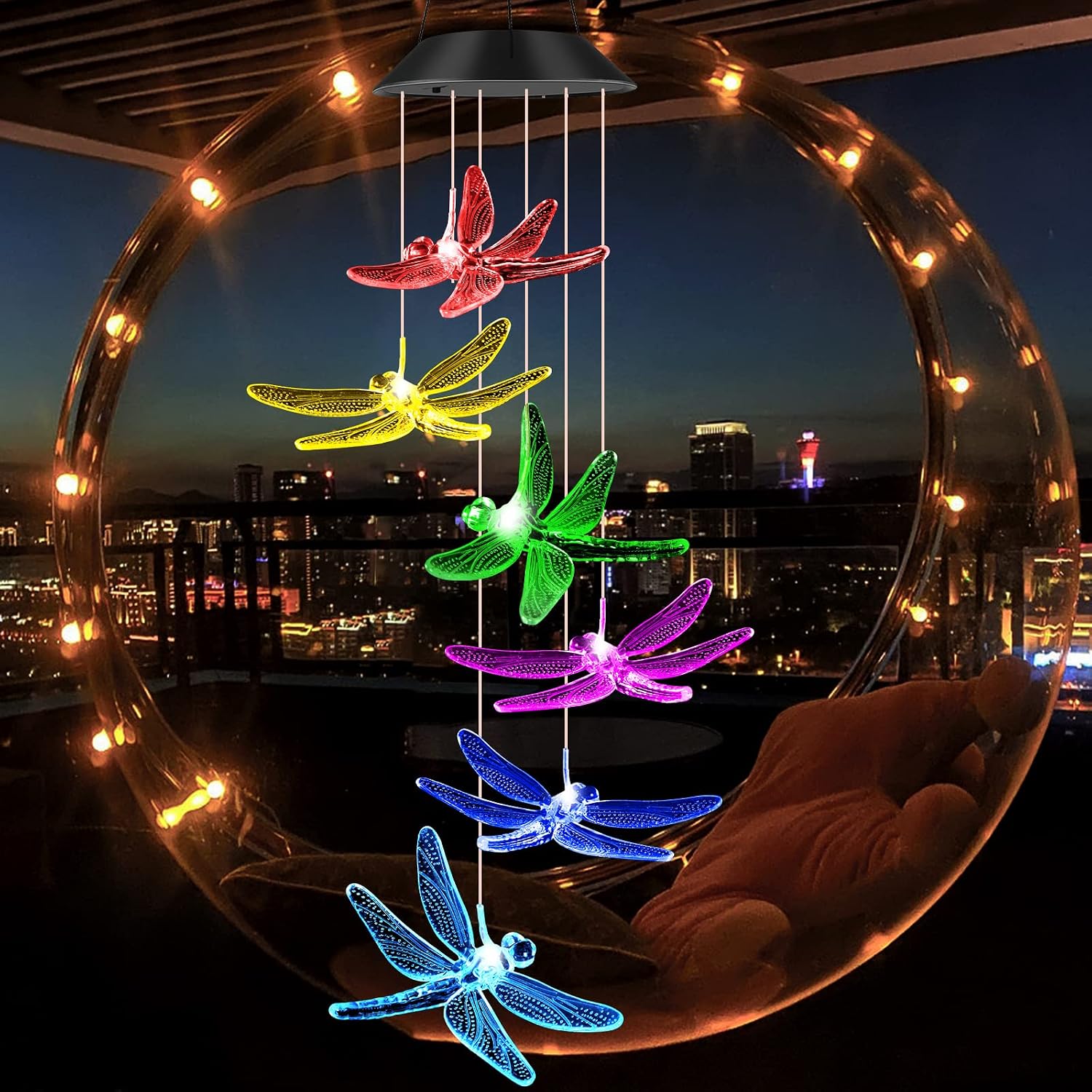 SIX FOXES Dragonfly Lighted Wind Chimes Solar - Best idea Gifts for Mom/Grandma/Wife/Her, Color Changing LED Mobile Hanging for Patio Yard Garden Solar Chimes for Outdoors Decorations