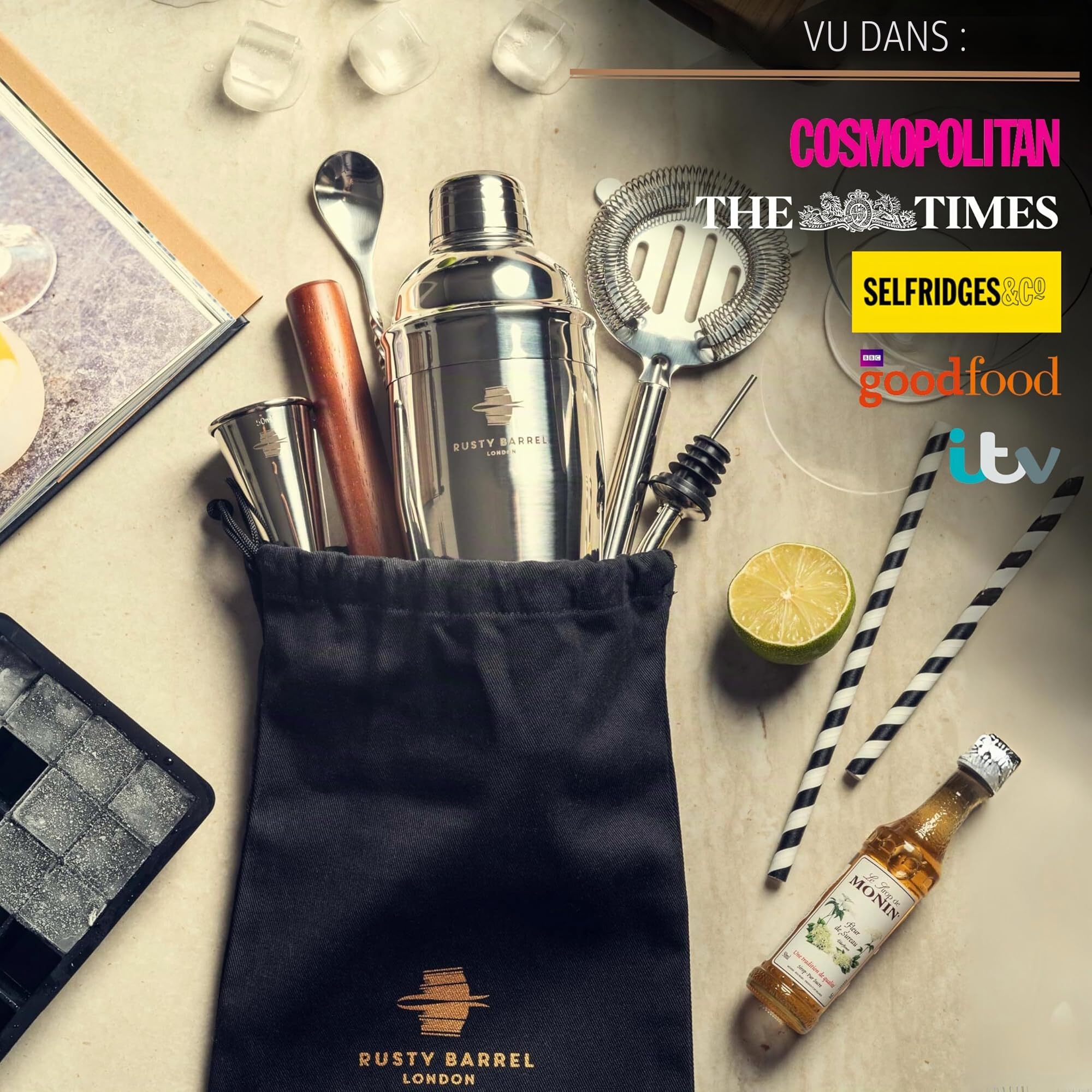 Coffret à Cocktail Mayfair — Kit Cocktail avec Shaker Cocktail en INOX de Style Manhattan | Cocktail Shaker Kit, Kit Barman, Cocktail Kit Complet | dans Une Boîte Cadeau Luxueuse
