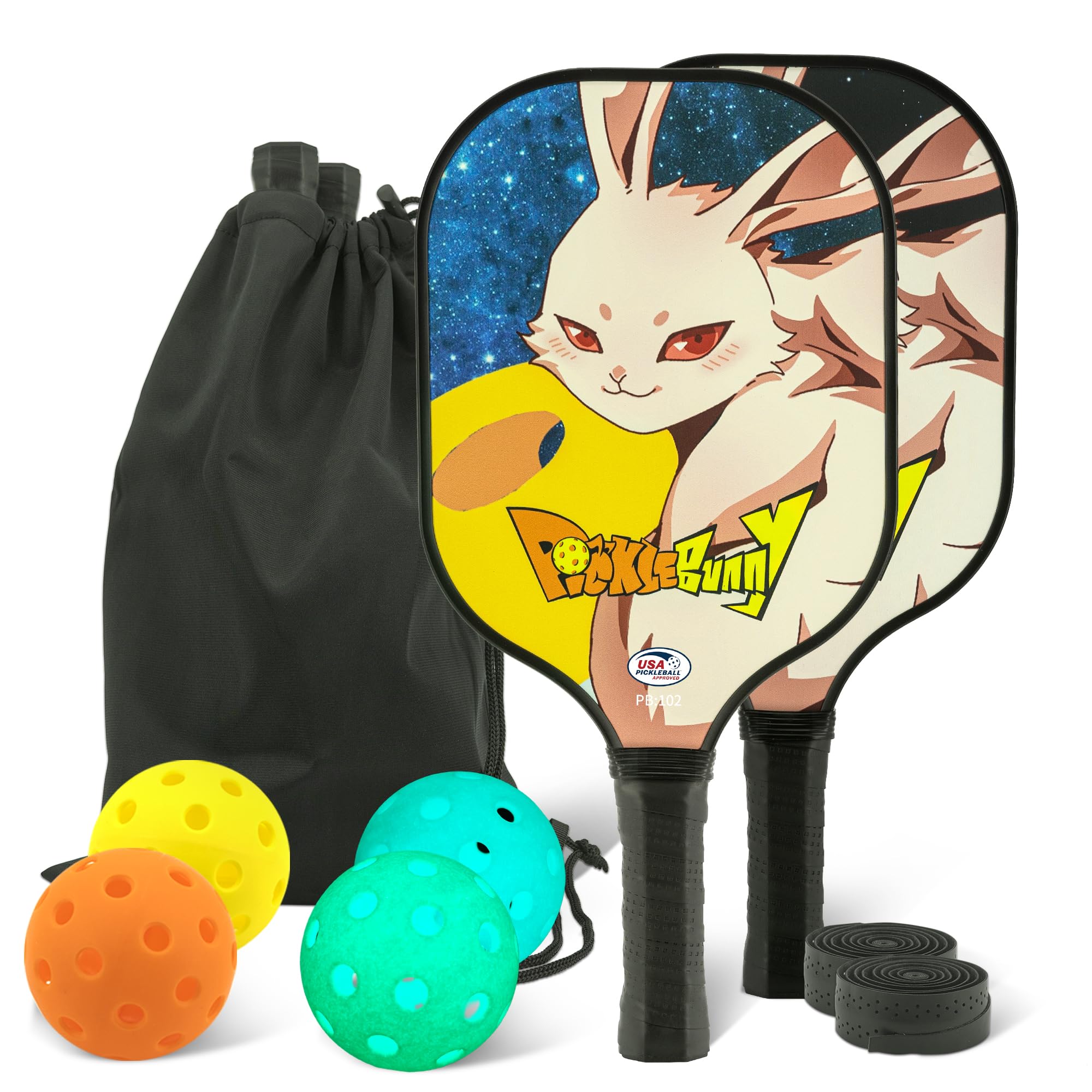 Pickle Bunny Pickleball Paddles Set of 2 Fiberglass, Lightweight Graphite Pickle Ball Rackets 2 Pack with 4 Balls