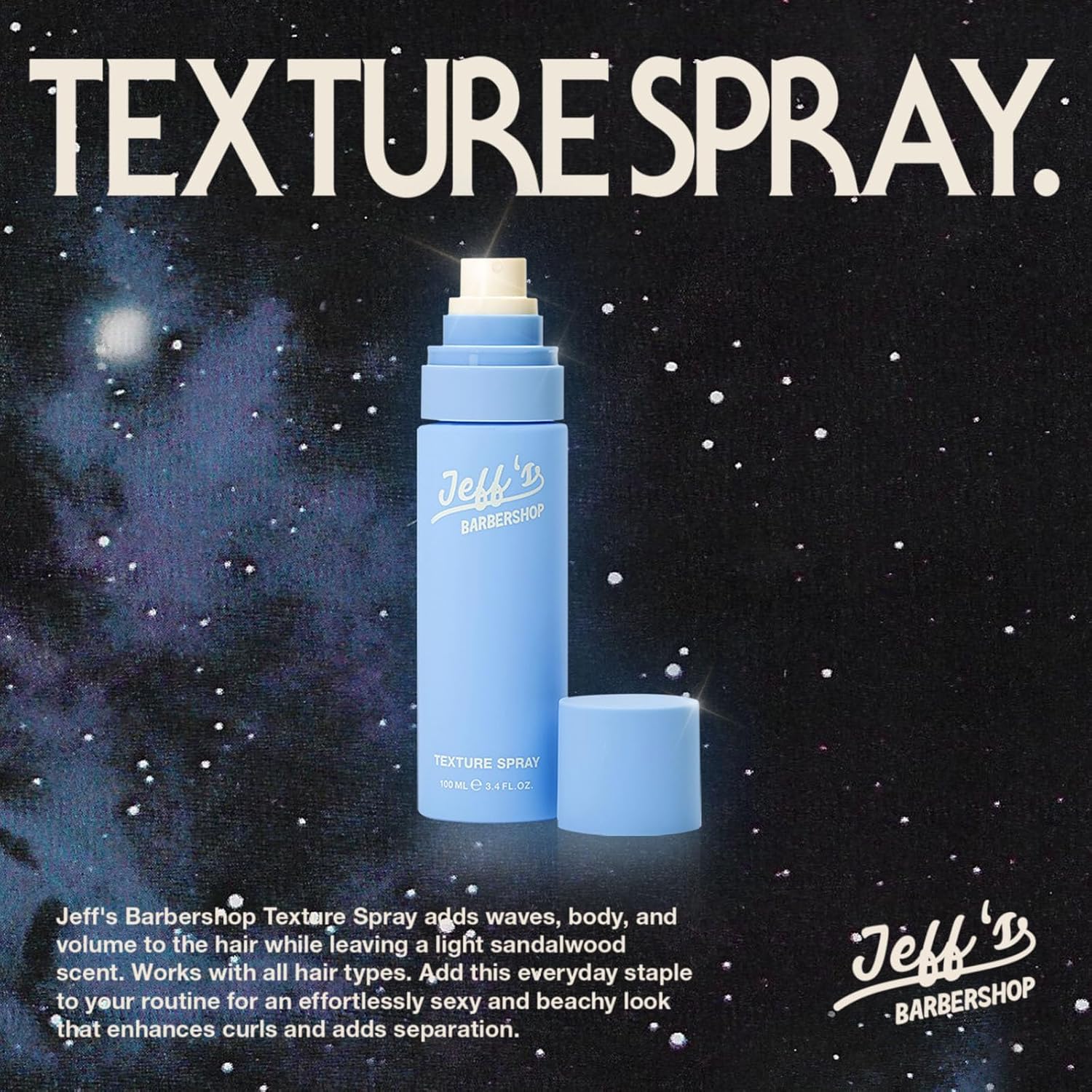 Jeff's Barbershop Sea Salt Texture Hair Spray, Sandalwood - Texturizing & Thickening Volumizer for Men & Women - Light Hold, Textured Finish for Body, Volume & Waves (3.4 fl oz/100ml) - Image 6