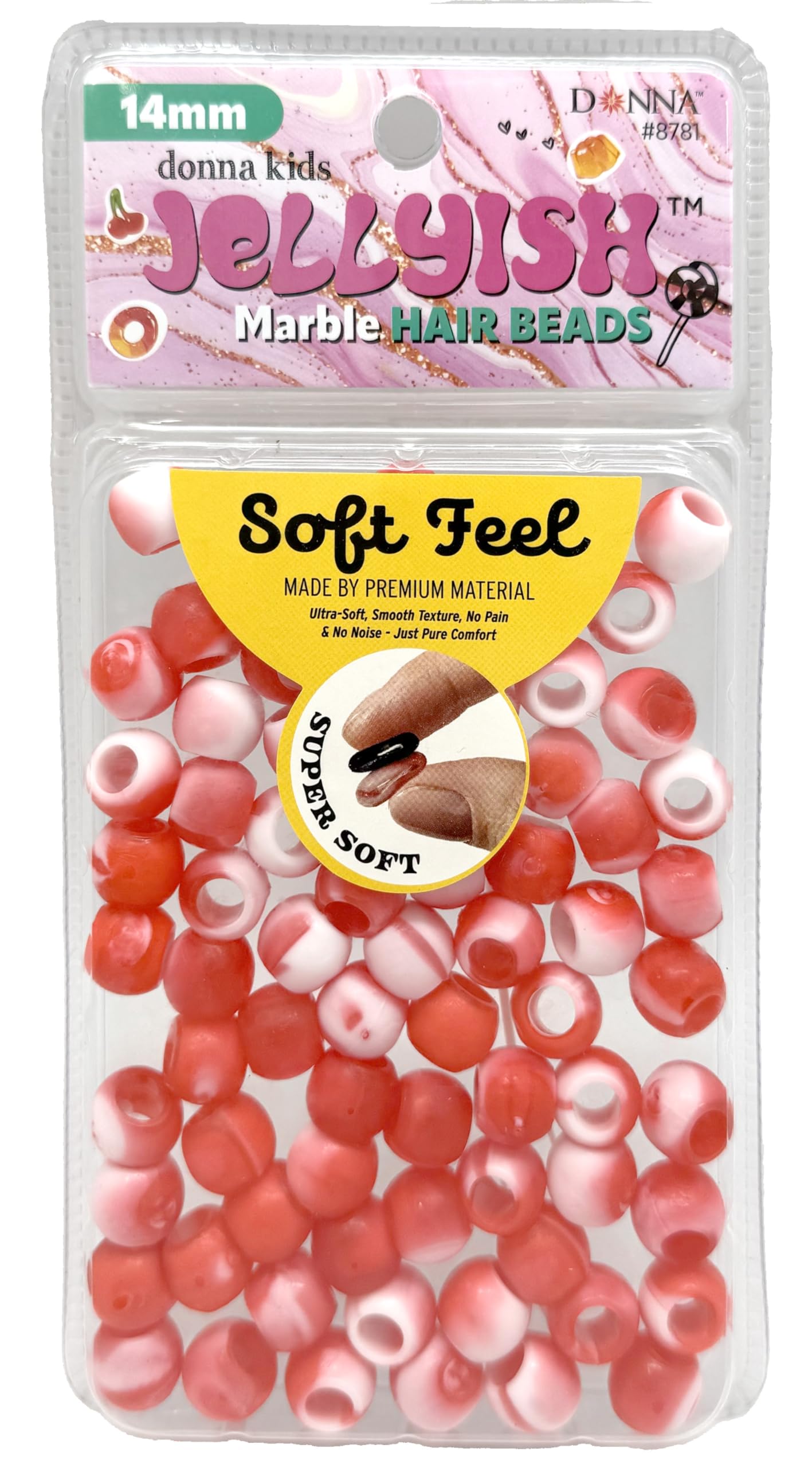 Donna Kids Jellyish Marble Hair Beads – 14mm Soft Silicone Bead with Threading Tool – Pain-Free, Noiseless Beads for Braids & Ponytails – Red, Tangle-Free Design