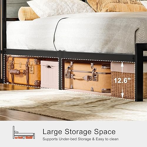 Miniatura 4 de HAUSOURCE Base de cama con cabecera de almacenamiento y luces LED, plataforma de metal antideslizante sin ruido, base de colchón de metal fuerte,