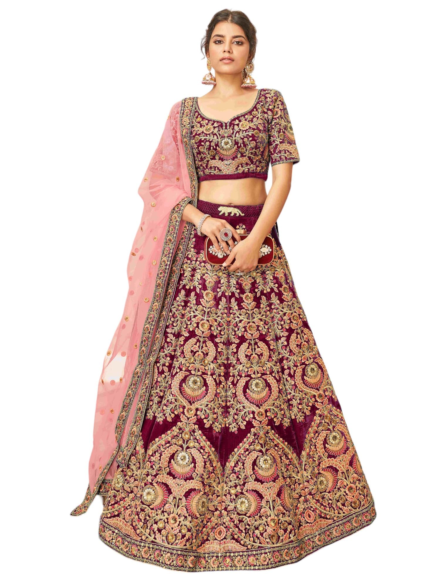 Women Zeel Clothing Maroon Heavy Embroidered Velvet Wedding Bridal Lehenga Choli for Women-picture-30