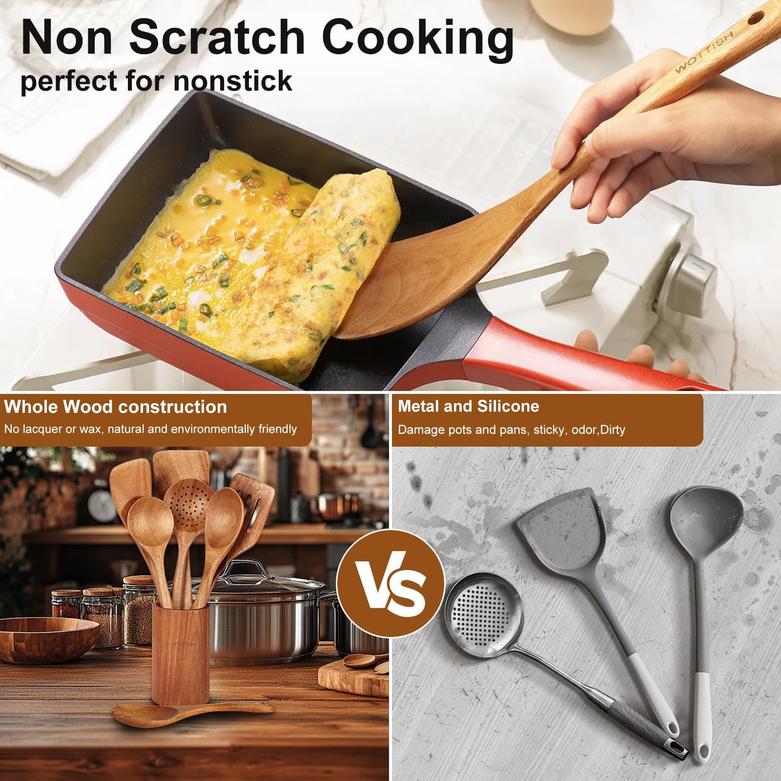 Holzlöffel zum Kochen – 8-teiliges Küchenhelfer-Set aus Holz mit natürlichem Massivholzmaterial – einschließlich Löffel, Spatel, Schöpflöffel, Salatgabel, Rührlöffel und Utensilienhalter (A08)