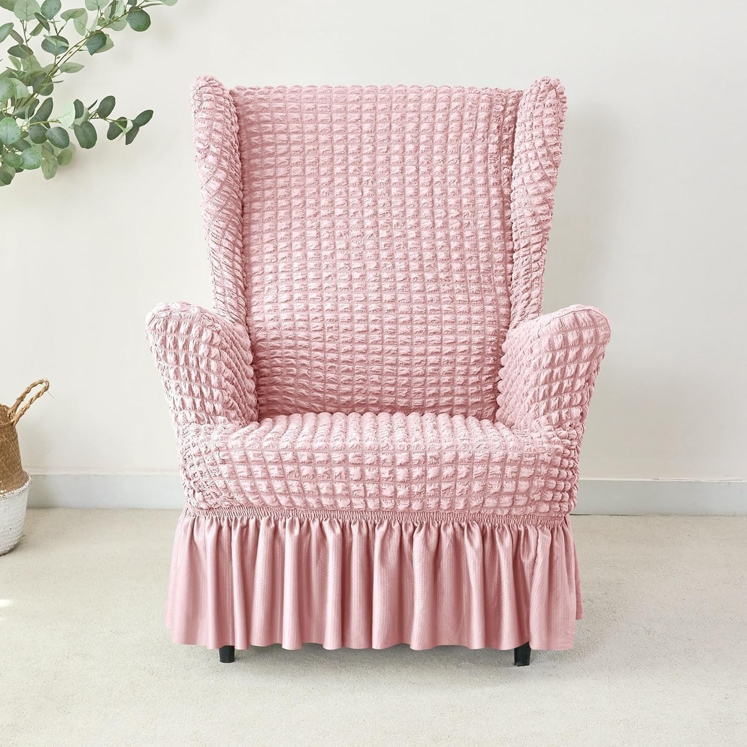 Generisch Elastische Seersucker-Husse für Ohrensessel – Universal Ohrensesselbezug mit Rüschen, Waschbarer Sesselbezug für Wohnzimmer, Hochlehner-Schonbezug im Set(Pink,Chair)