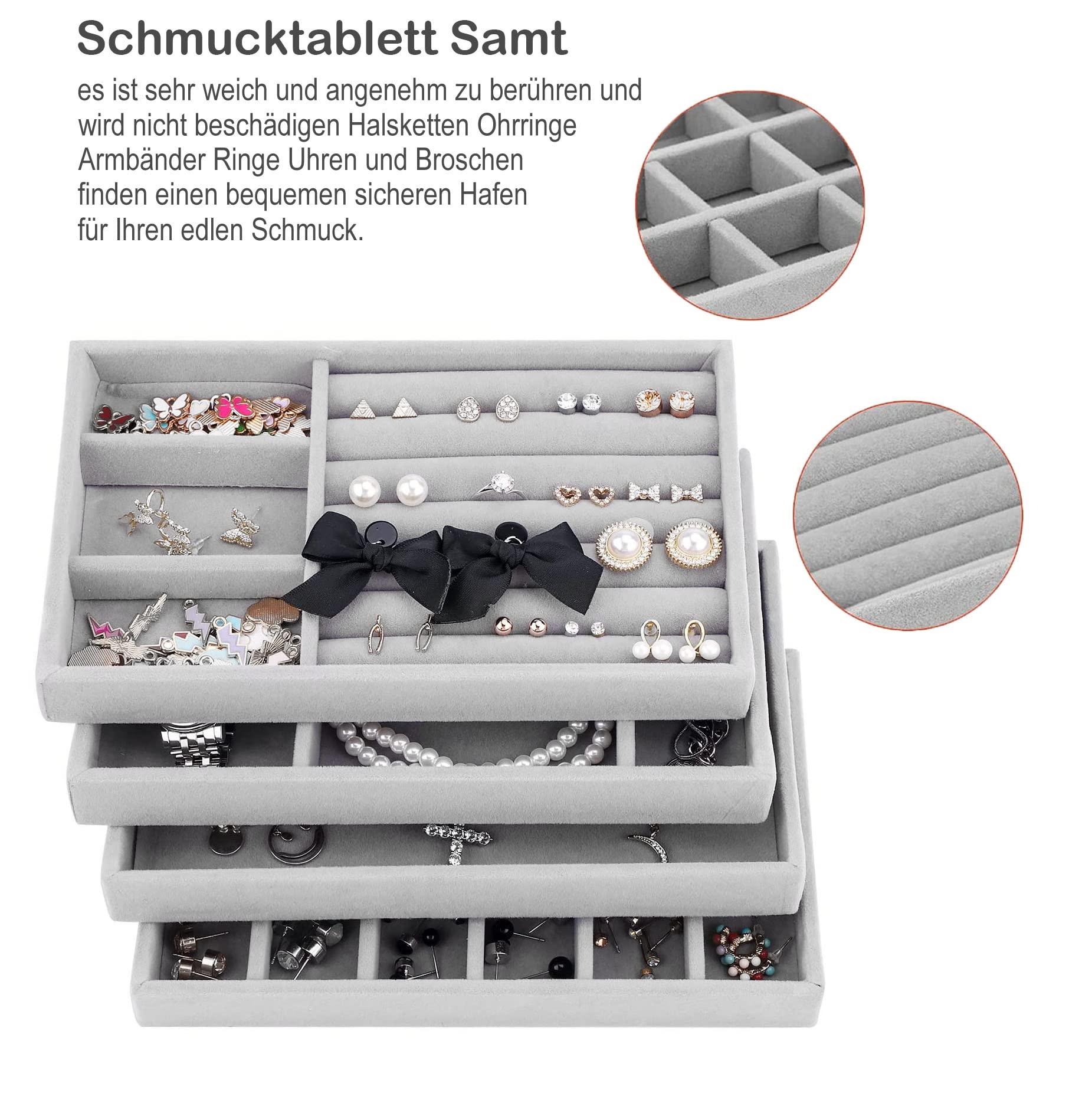 Quelay 4 Vassoi Impilabili Portagioielli In Flanella Beige - Organizer Per Cassetti, Espositore Per Bracciali, Anelli, Orecchini E Collane