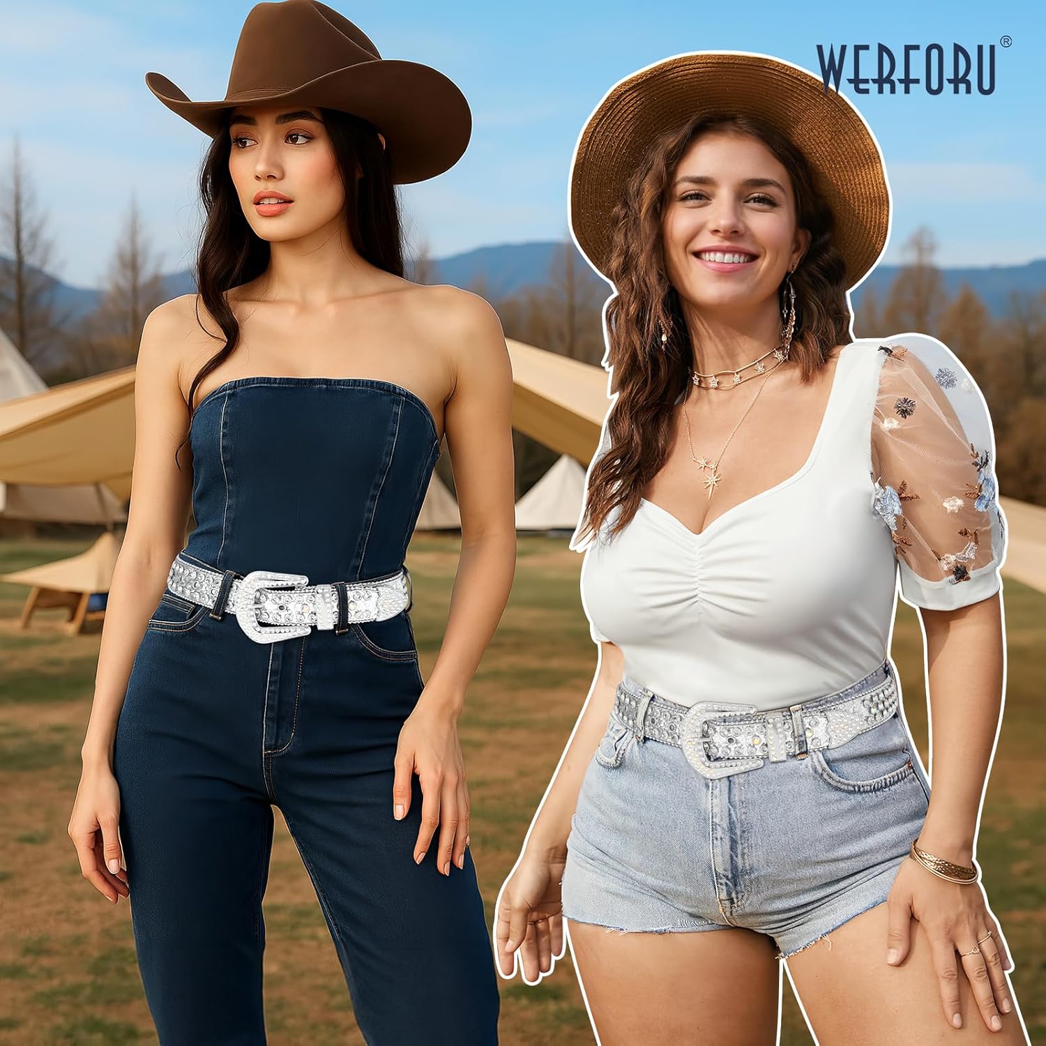 WERFORU Women Men Western Rhinestone Studded Leather Belt Unisex Bling Cowgirl Cowboy Waist Belt for Jeans Pants Dress - Image 2