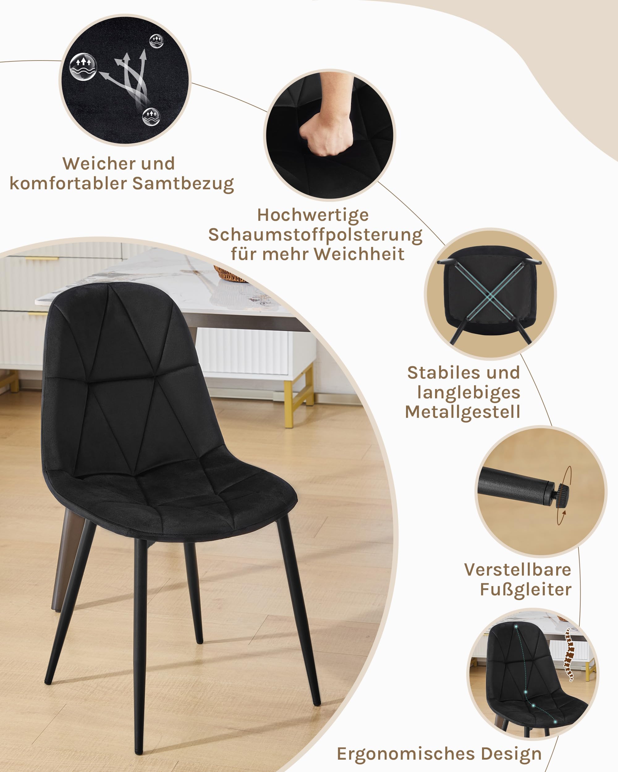 Lestarain Esszimmerstühle 4er Set mit Rückenlehne, für Esszimmer Küche Wohnzimmer, Küchenstühle gepolstert mit Samtbezug, aus Metall, ergonomisches Design, Schwarz