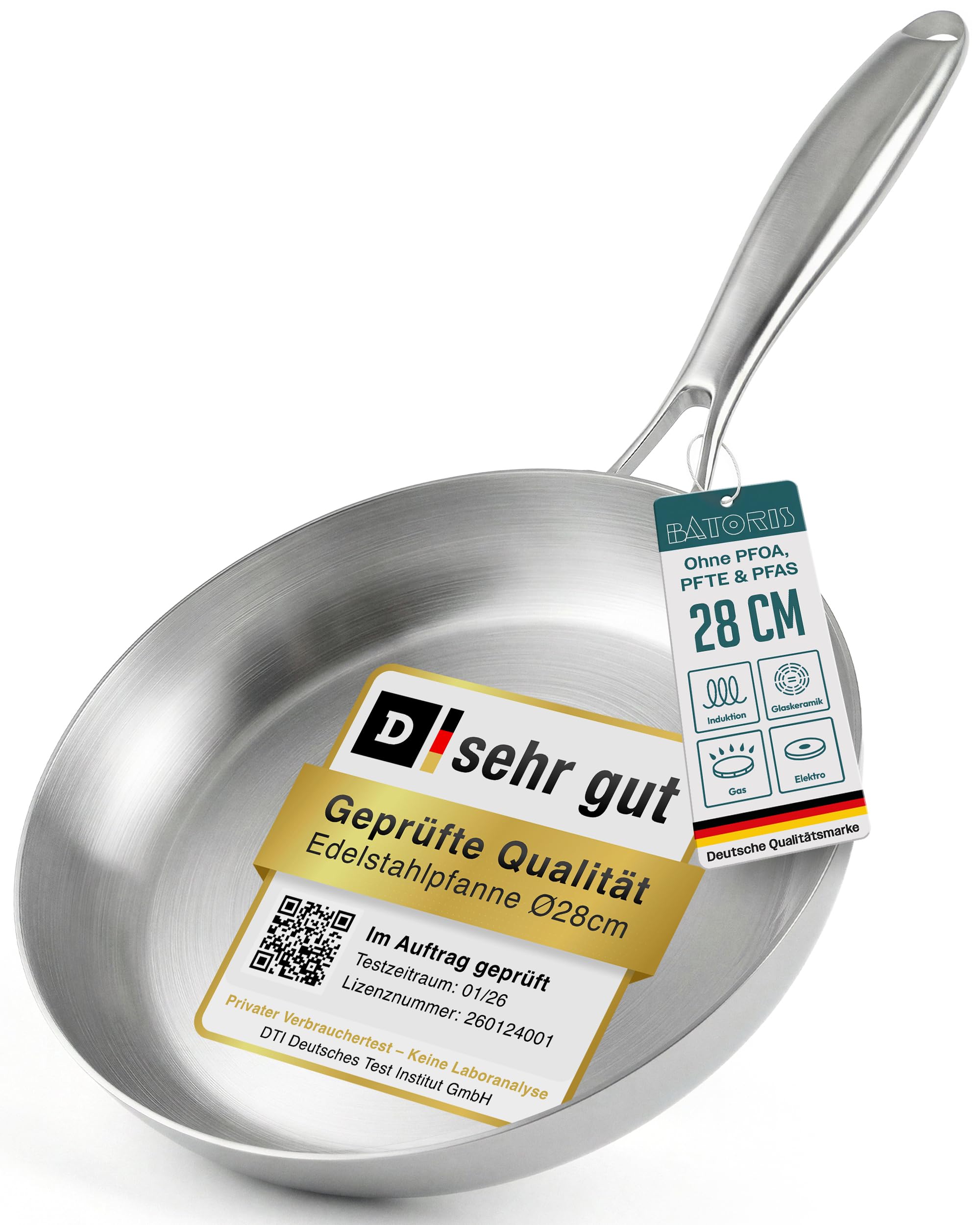 Batoris Edelstahlpfanne Unbeschichtet - Induktion - Profi Bratpfanne 28cm - Perfekt als Steakpfanne & Pastapfanne ohne Beschichtung - Brat- Universalpfanne frei von PFOA, PTFE & PFAS - Ofenfest