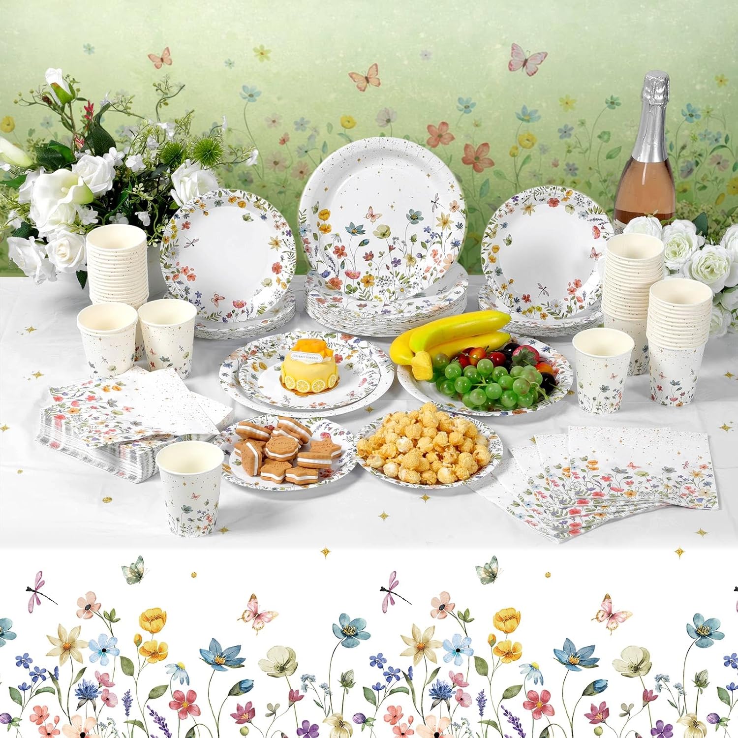 Layhit 202 Pcs Wildflower Paper Plates Napkins Cups Serve 50 Butterfly Floral Tablecloth for Spring Flower Summer Birthday Wedding Baby Shower Party Supplies Decoration