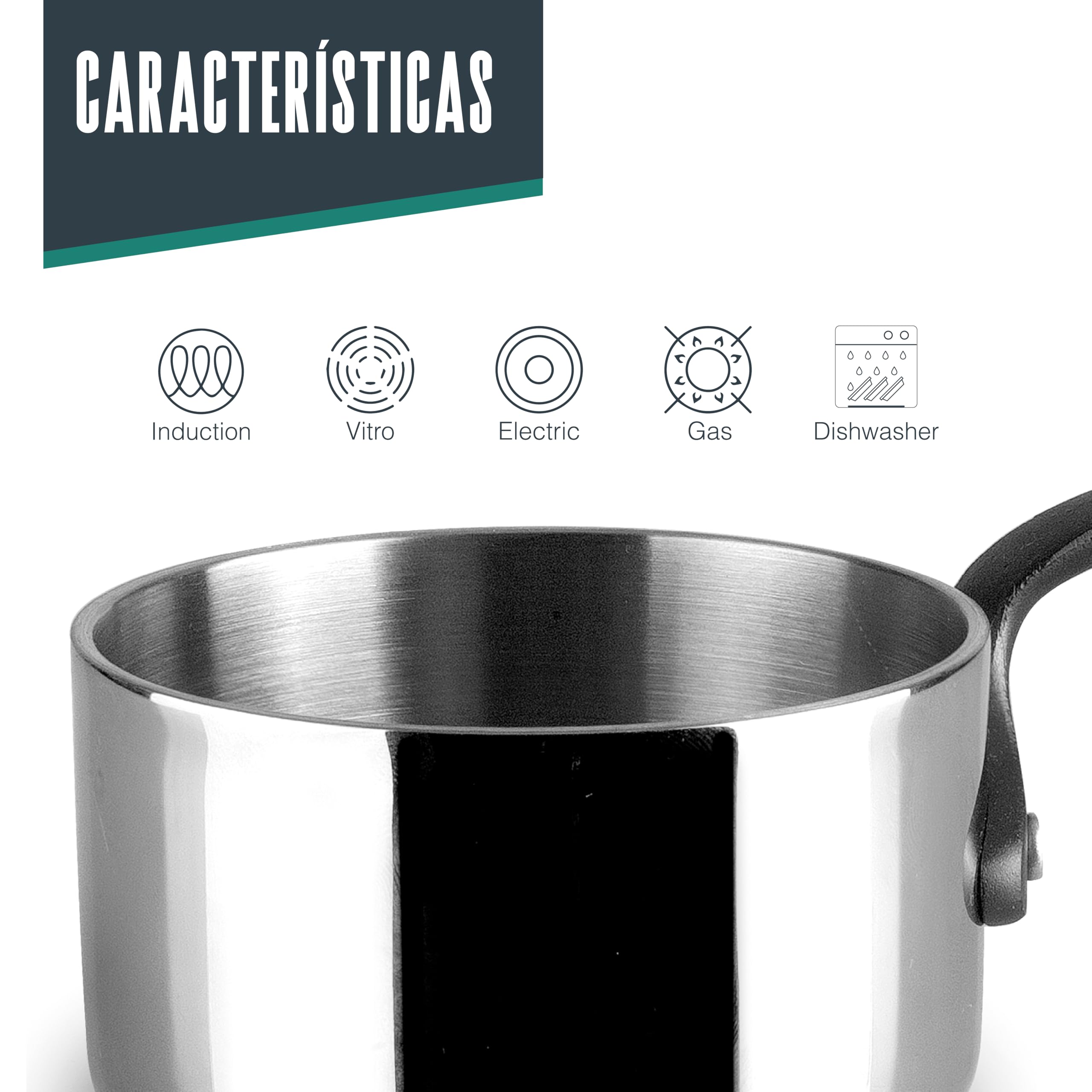 Lacor - 61144 - Mini Cazo Trimetal, Acero Inoxidable 18/10, Diámetro 8,5 cm, 270 ml, Núcleo de Aluminio, Mango Ergonómico con Recubrimiento PVD Titanio, Elegante y Funcional