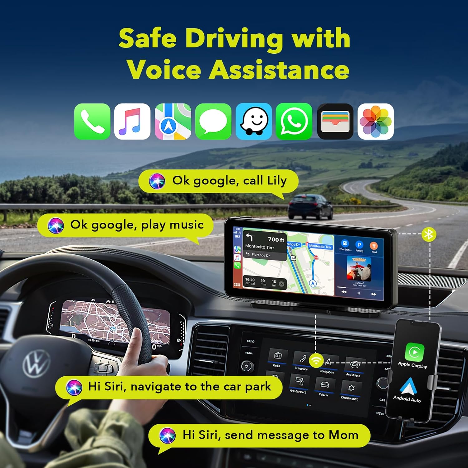 LAMTTO Car Stereo displaying a 2.5K front camera recording view of a road with a yellow taxi.