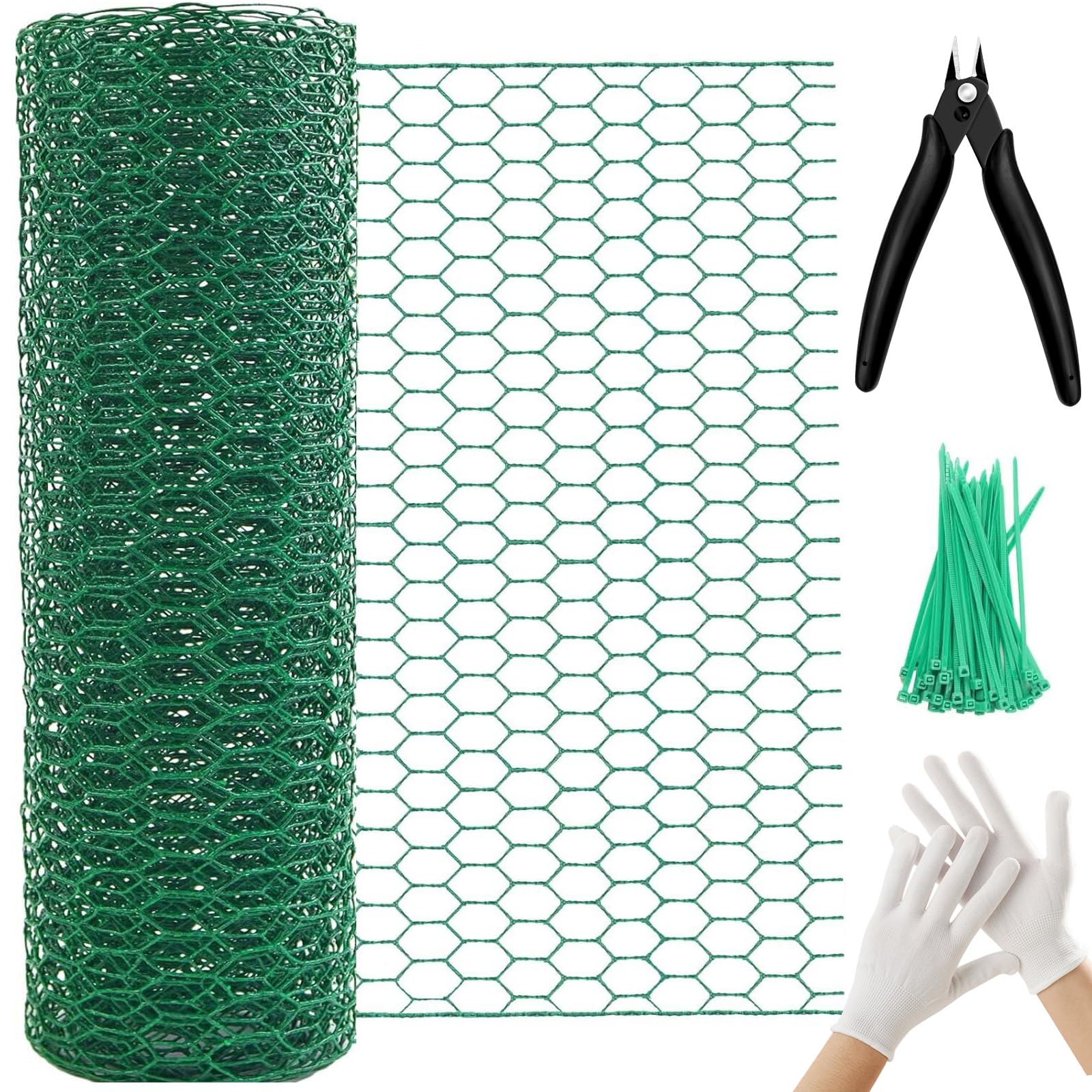 Chicken Wire 15.7in x 236in with a Pair of Gloves，1 Wire Cutter，50 Pcs Cable Zip Ties, Floral Chicken Wire Mesh 0.8in Hexagonal Galvanized PVC Coated Garden Netting Fence for Craft Poultry Garden