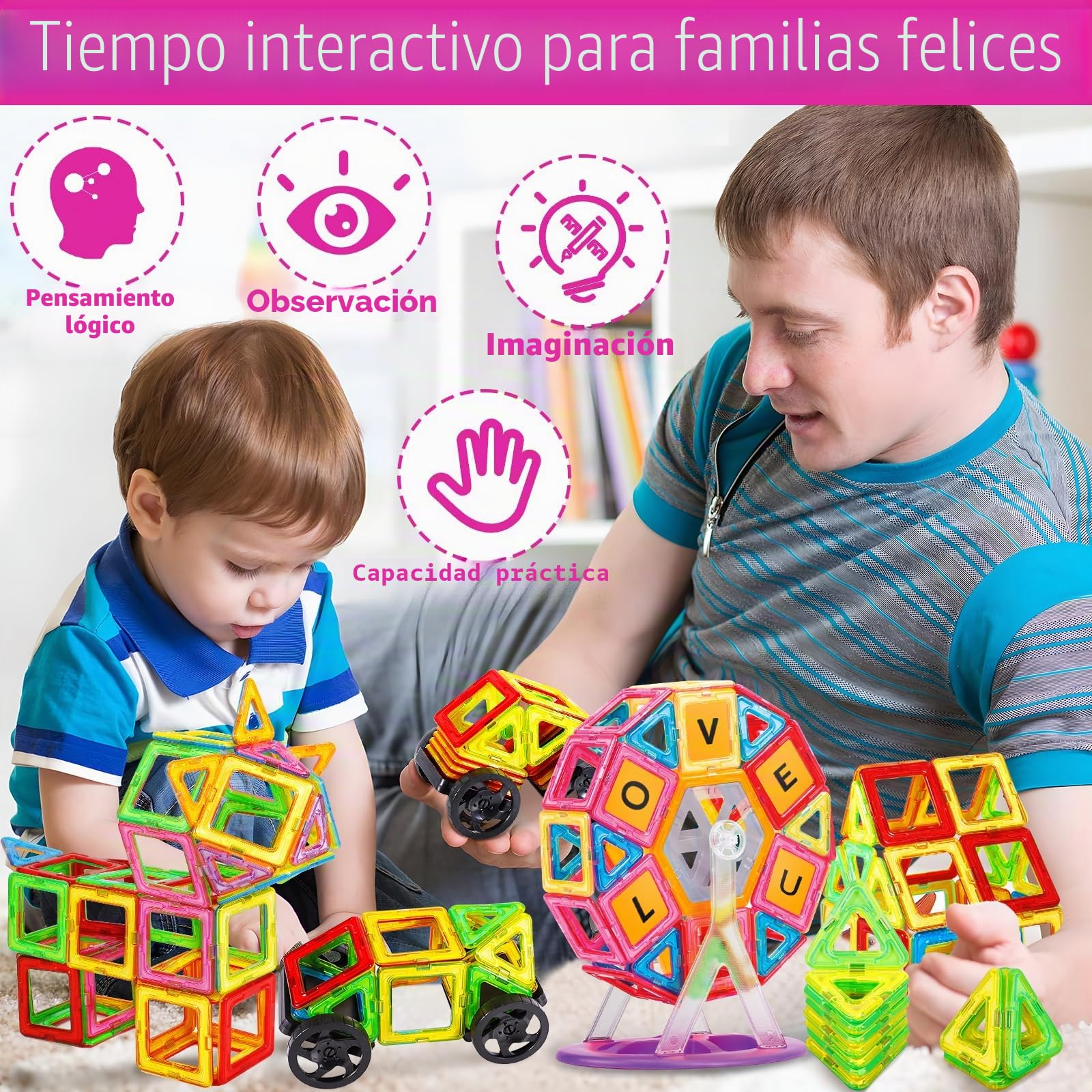 Purpledi 120 Piezas Bloques de Construcción Magnéticos, Construcciones Magnéticas Juguetes Niños Niñas 3 4 5 6 7 Años, Juegos Educativos Viaje Juego de Imanes magneticas para Montessori Regalos