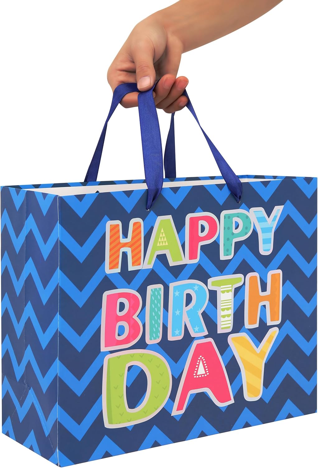 Qirrmiy 13" Large Blue Gift Bag Set with Greeting Card and White Tissue Papers (Laser Foil 'Happy Birthday') for Men's Birthday Party, Boys' or Kids' Parties, Baby Boy - 13”x5.2”x10.2”, 1 Pcs.