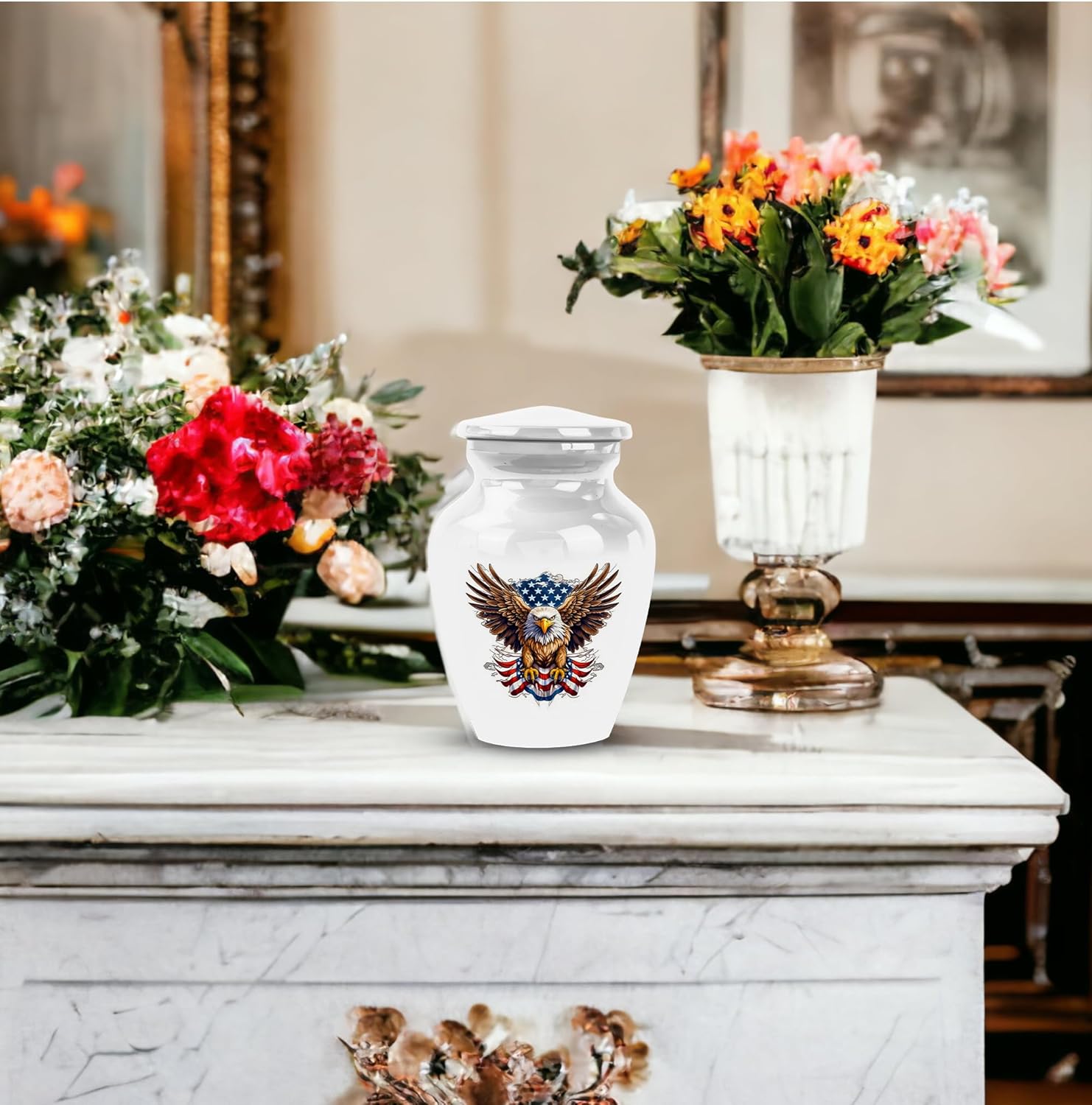 Eagle with Flag Urn for Ashes Mom & Dad - Mini Cremation Urn for Adult Ashes Male & Female - Burial Urns for Adult Human Ashes - Small Cremation Keepsake Urns for Ashes Set of 2, White