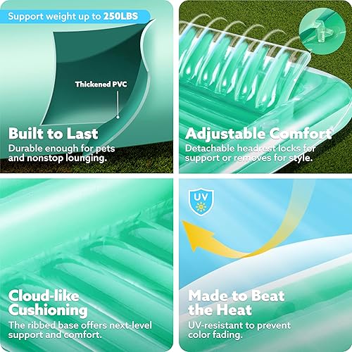 Miniatura 5 de SLOOSH Flotador inflable, camastro para adultos, con almohada, 178 x 117 cm, 4 en 1 balsa-tina bronceadora, camastro para tomar el sol, fiestas